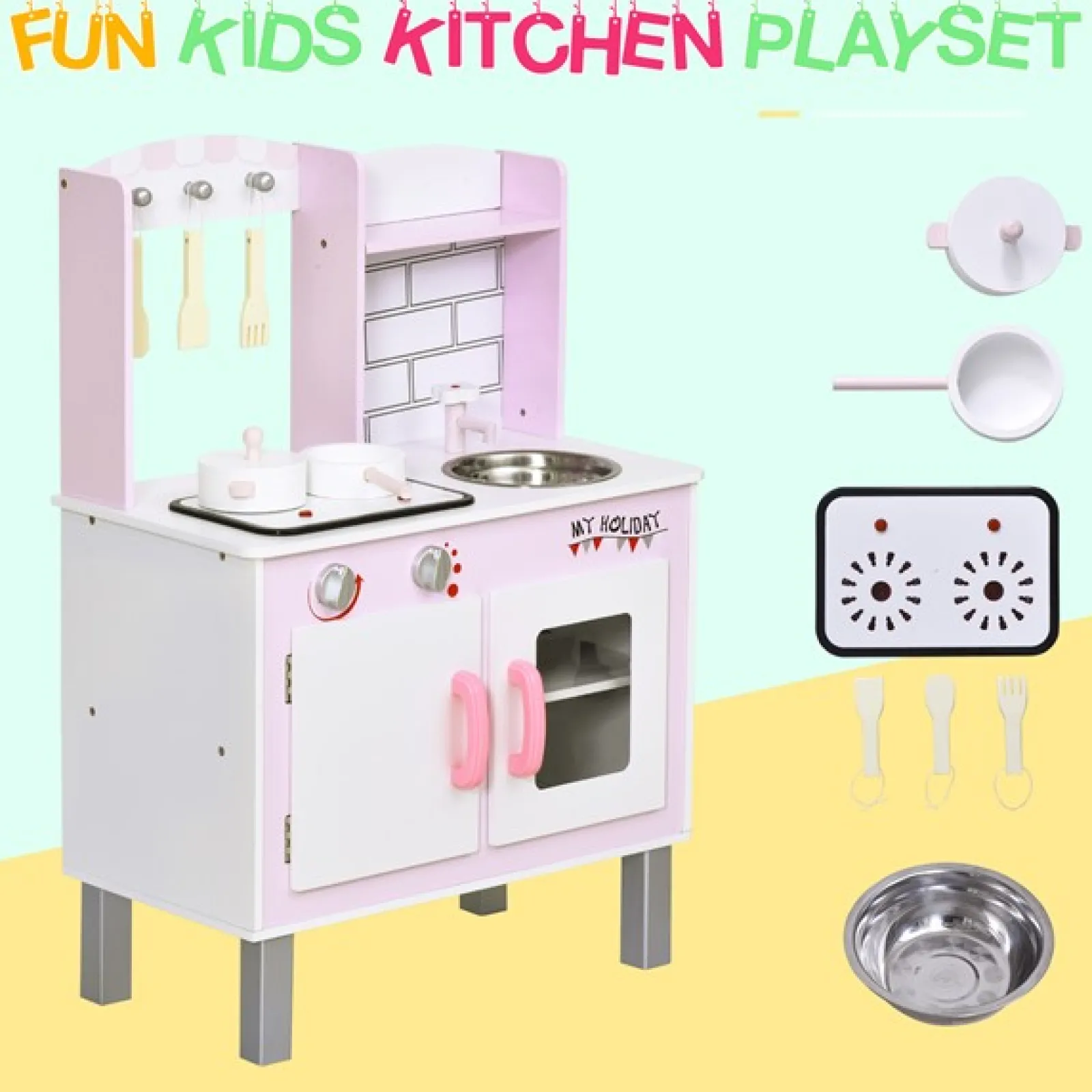 Little Helper Holzspielzeugküche im Montessori-Stil für Kinder mit realistischen Geräuschen und Zubehör | Bonbonrosa und Weiß