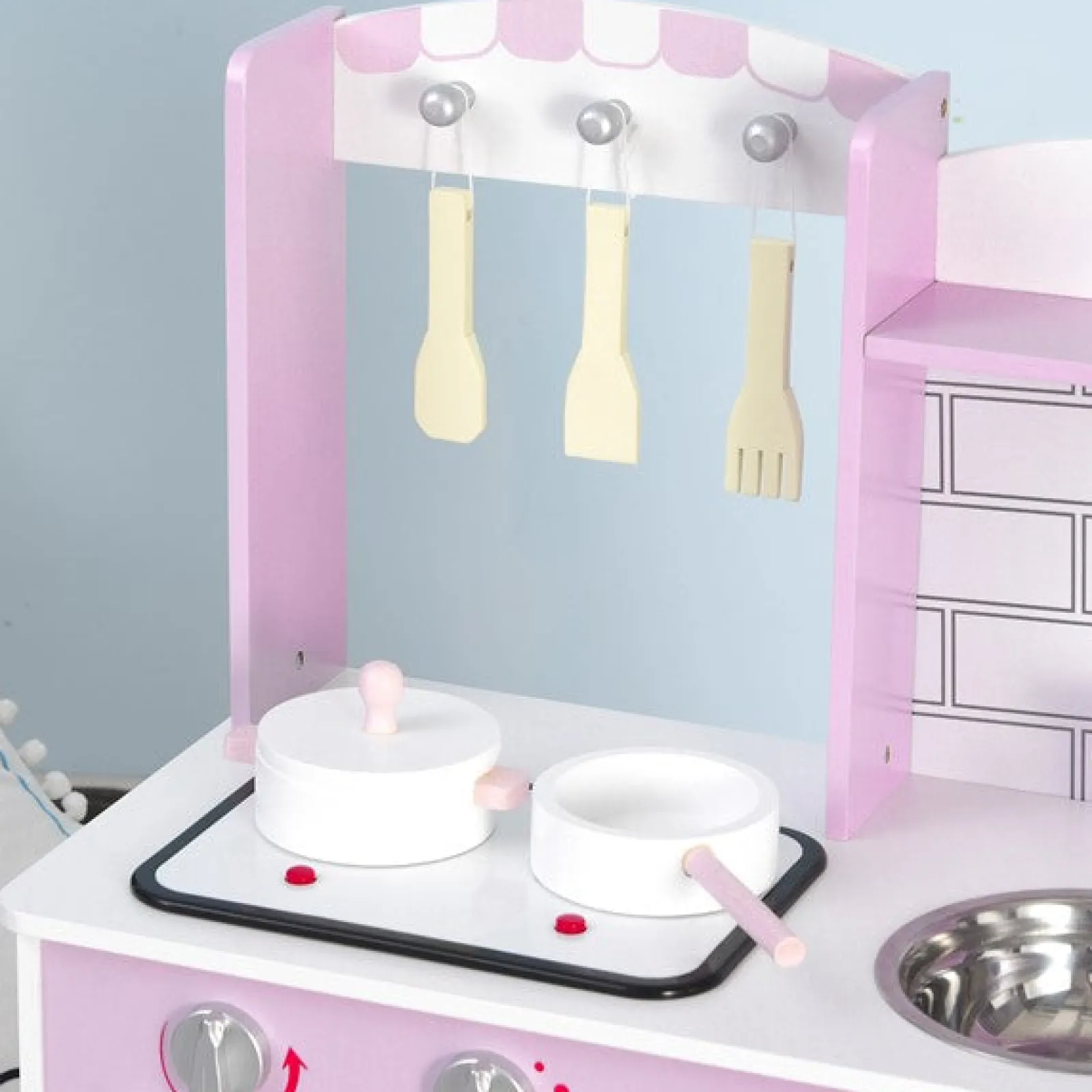 Little Helper Holzspielzeugküche im Montessori-Stil für Kinder mit realistischen Geräuschen und Zubehör | Bonbonrosa und Weiß