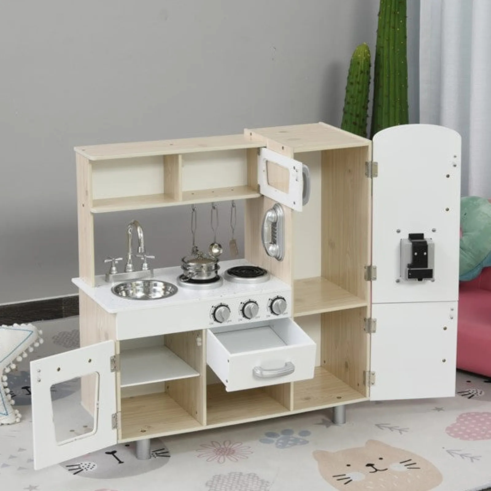 Little Helper Holzspielzeugküche im Montessori-Stil für Kinder mit realistischen Geräuschen und Zubehör | Natur & Weiß