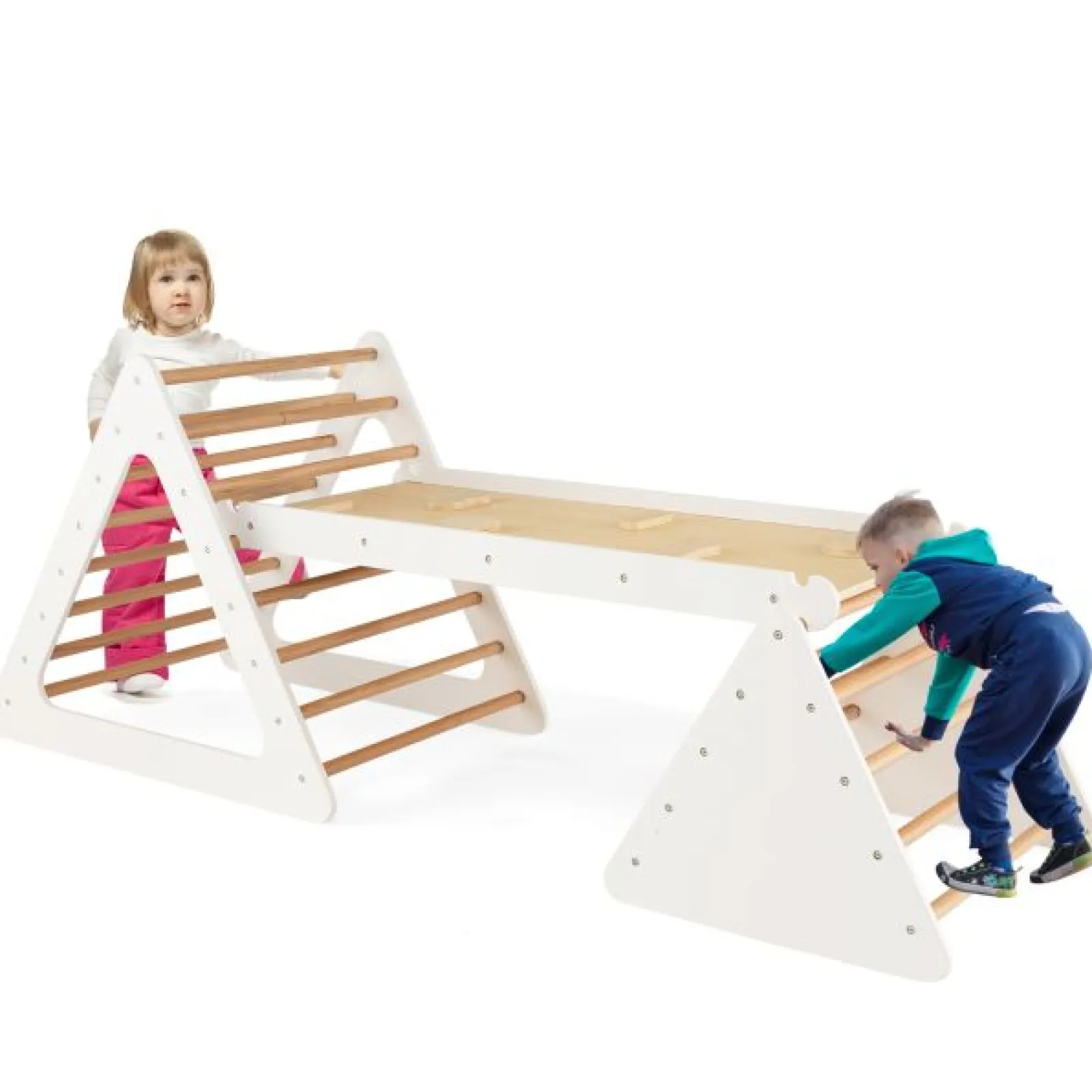 Kinder Little Helper 4-in-1 Deluxe Eco Montessori Pikler Dreieck, Rutsche & Kletterwand | Natürlich und weiß