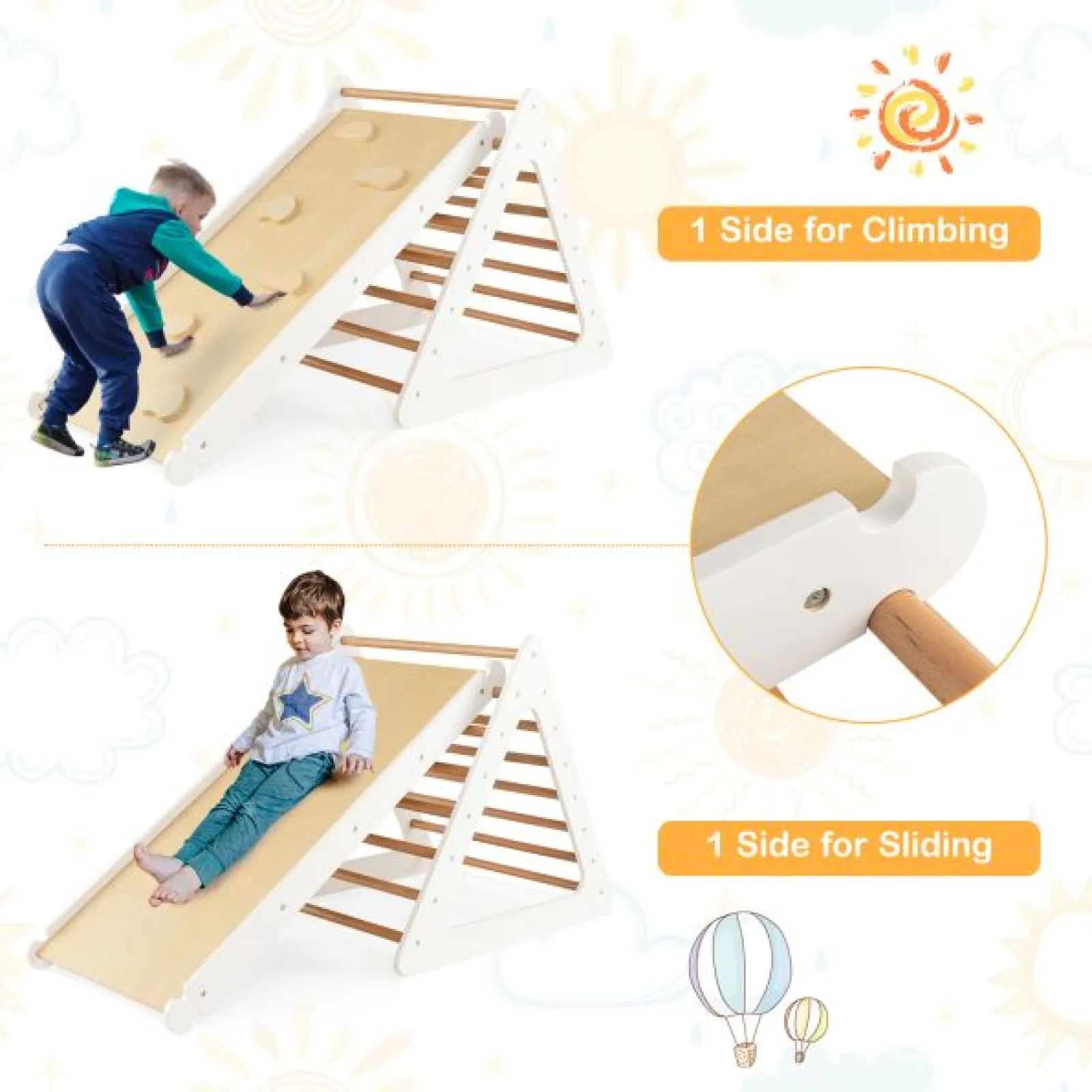 Kinder Little Helper 4-in-1 Deluxe Eco Montessori Pikler Dreieck, Rutsche & Kletterwand | Natürlich und weiß