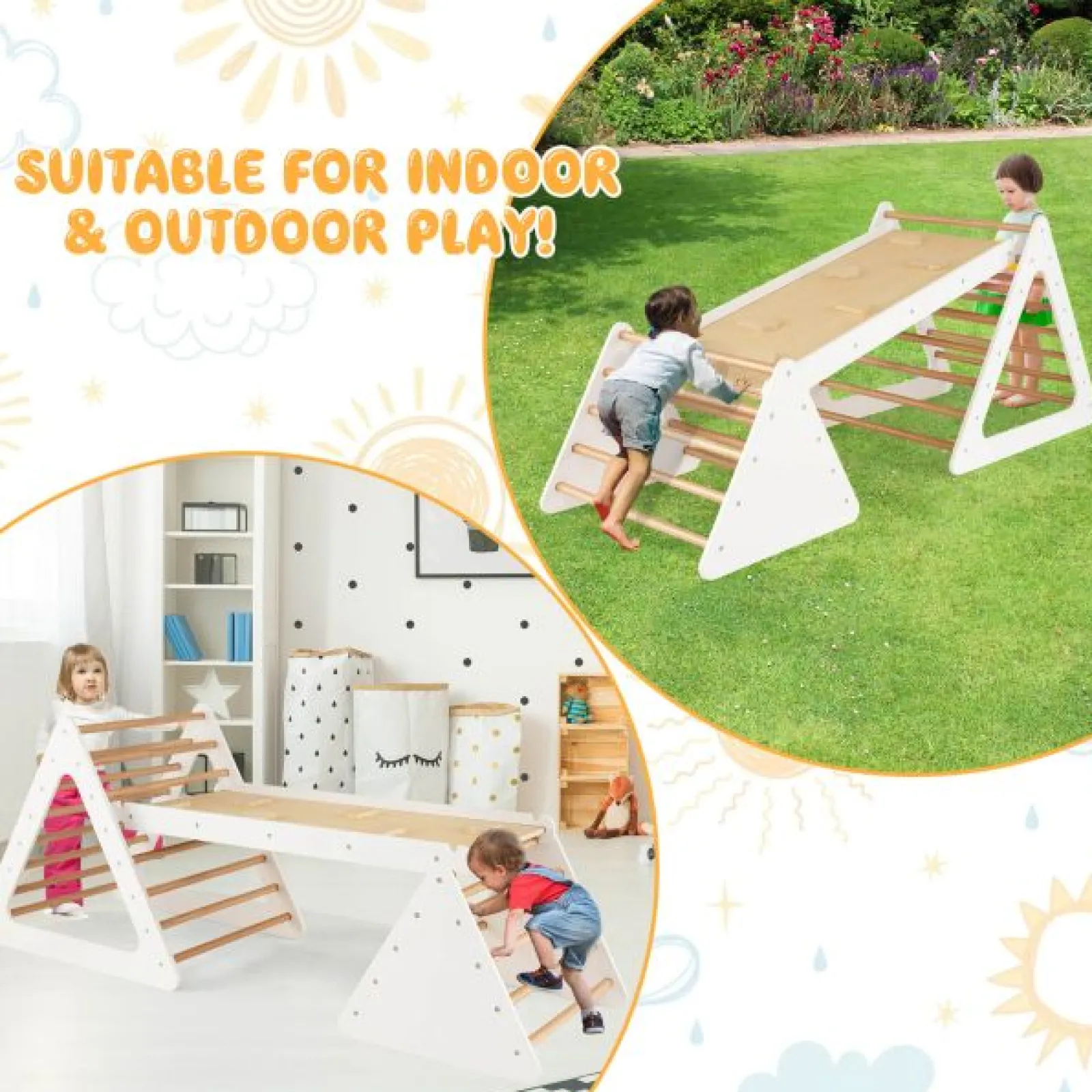 Kinder Little Helper 4-in-1 Deluxe Eco Montessori Pikler Dreieck, Rutsche & Kletterwand | Natürlich und weiß