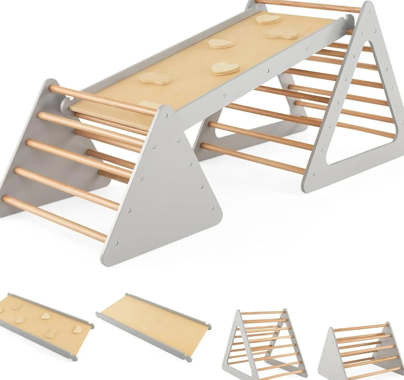 Kinder Little Helper 4-in-1 Deluxe Eco Montessori Pikler Dreieck, Rutsche & Kletterwand | Natur & Grau