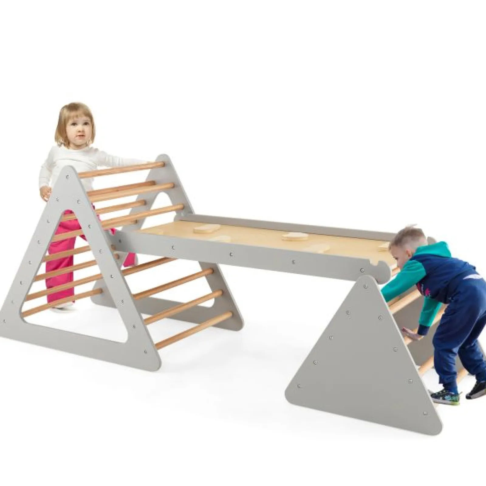 Kinder Little Helper 4-in-1 Deluxe Eco Montessori Pikler Dreieck, Rutsche & Kletterwand | Natur & Grau