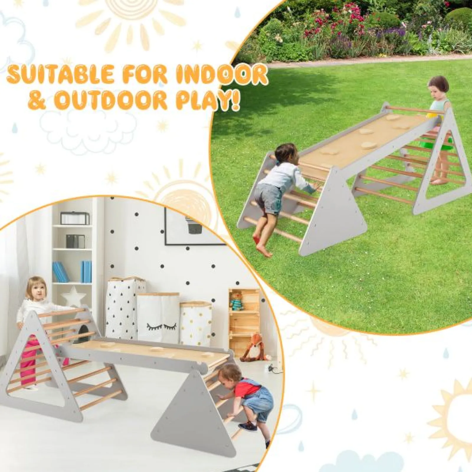 Kinder Little Helper 4-in-1 Deluxe Eco Montessori Pikler Dreieck, Rutsche & Kletterwand | Natur & Grau