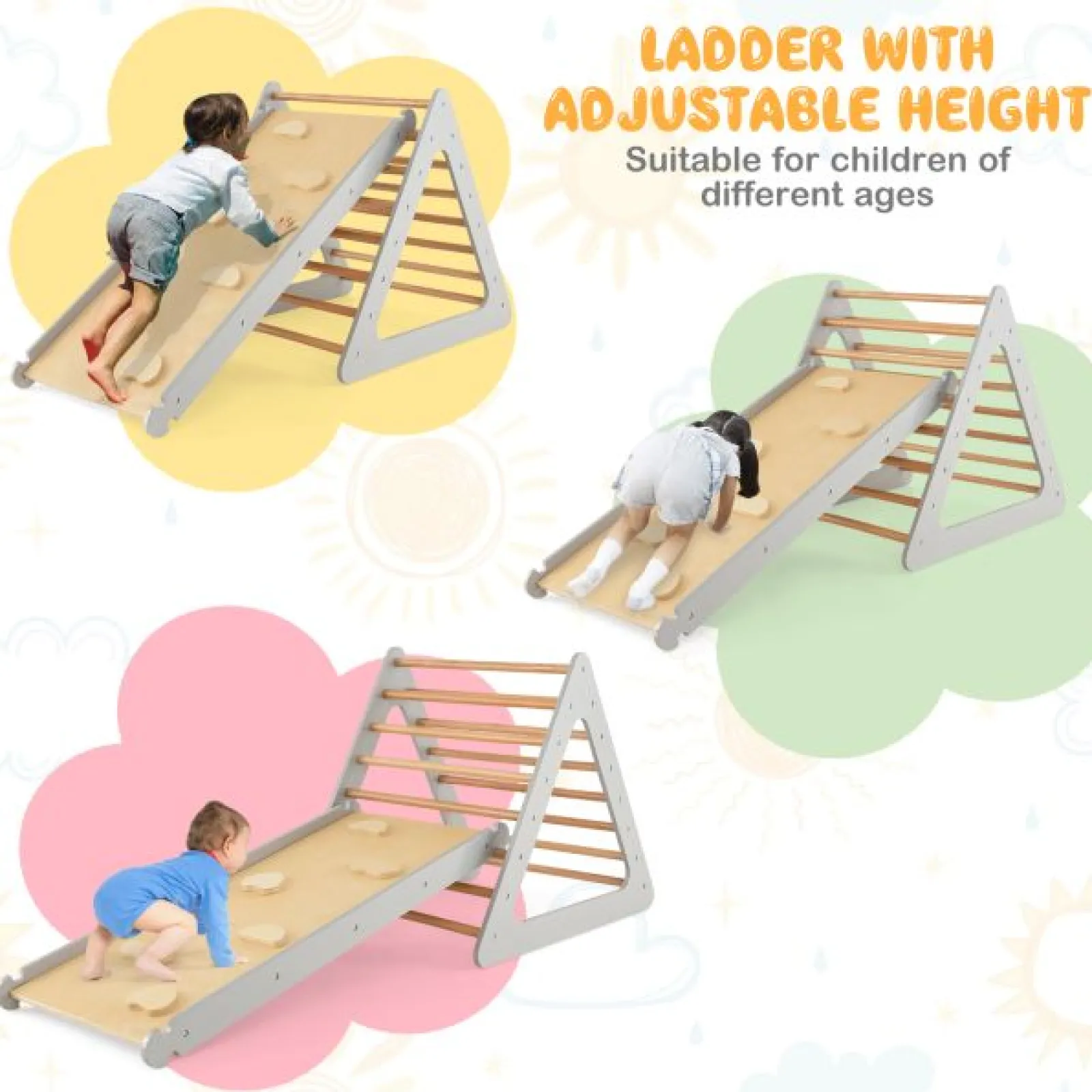 Kinder Little Helper 4-in-1 Deluxe Eco Montessori Pikler Dreieck, Rutsche & Kletterwand | Natur & Grau