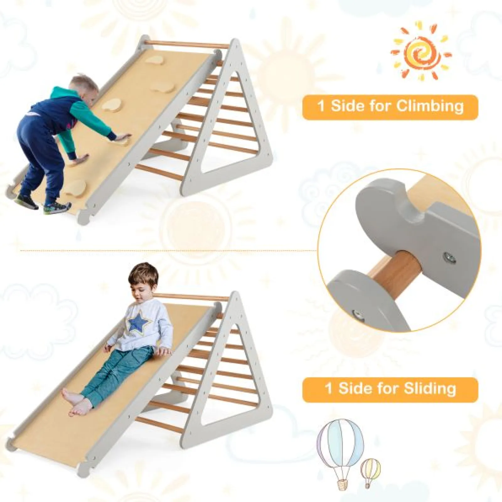 Kinder Little Helper 4-in-1 Deluxe Eco Montessori Pikler Dreieck, Rutsche & Kletterwand | Natur & Grau