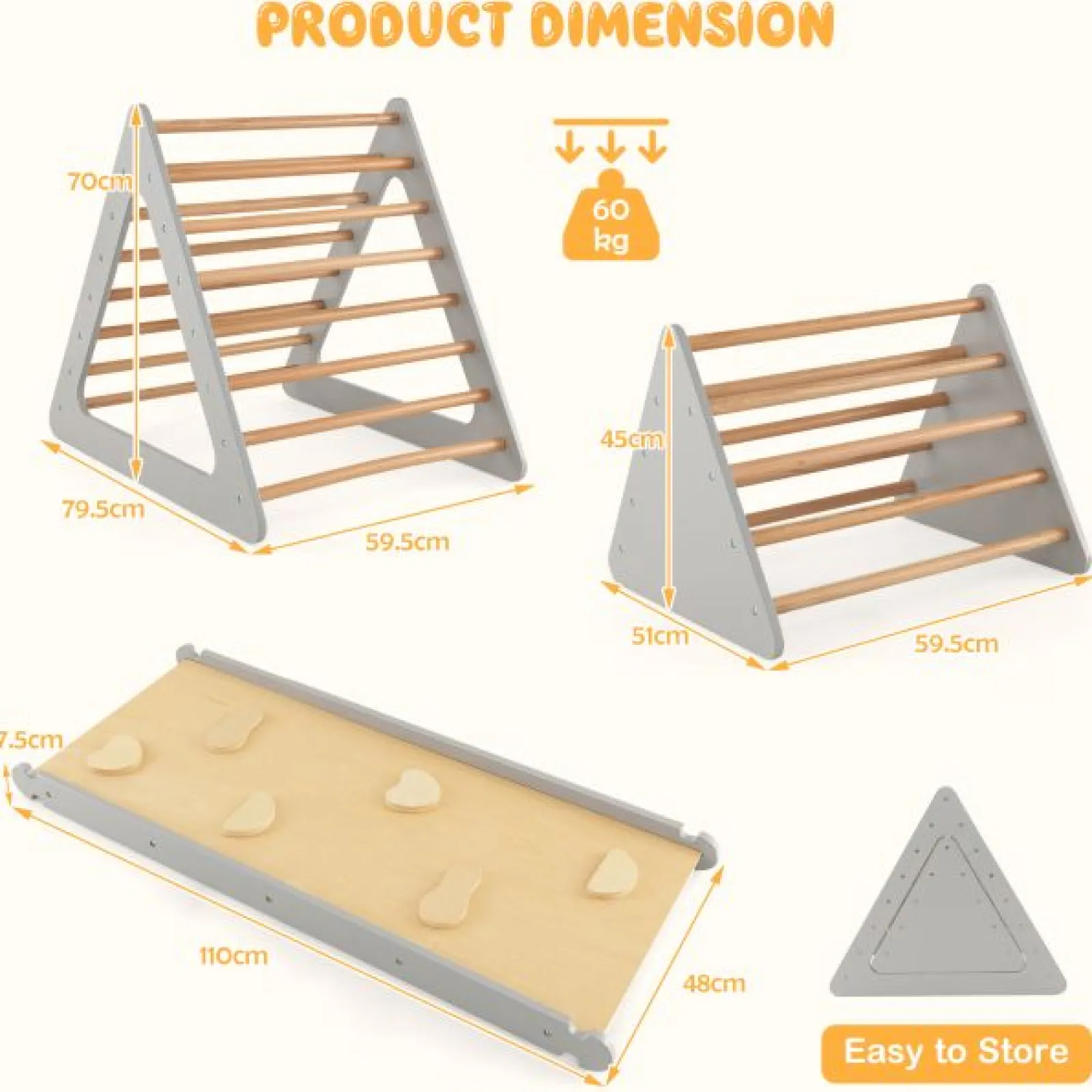 Kinder Little Helper 4-in-1 Deluxe Eco Montessori Pikler Dreieck, Rutsche & Kletterwand | Natur & Grau