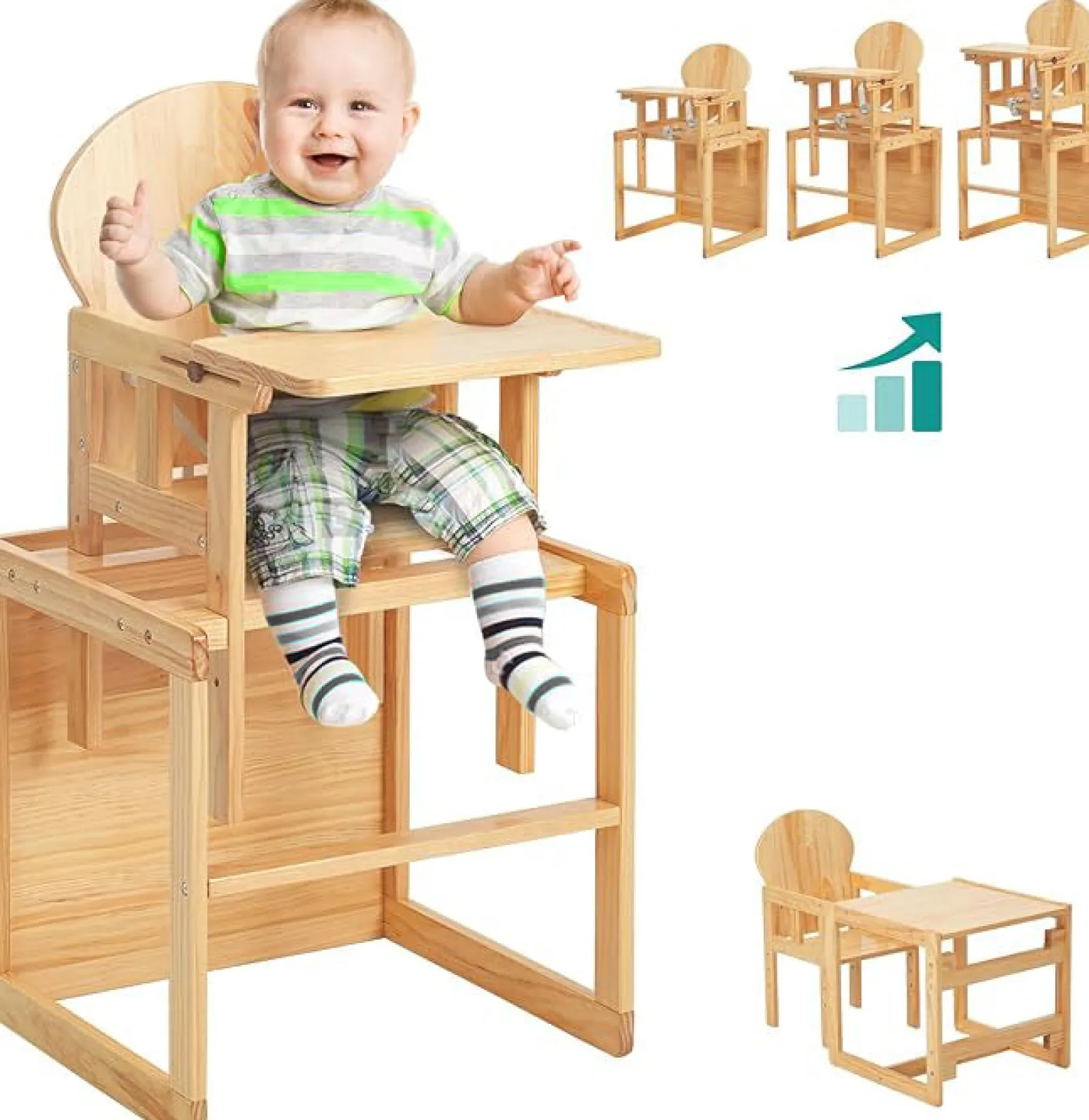 Little Helper 2-in-1 Deluxe Eco Wood Holz höhenverstellbarer Kombinations-Babyhochstuhl | Tisch- und Stuhlset | Natürlich | 6 Monate - 6 Jahre