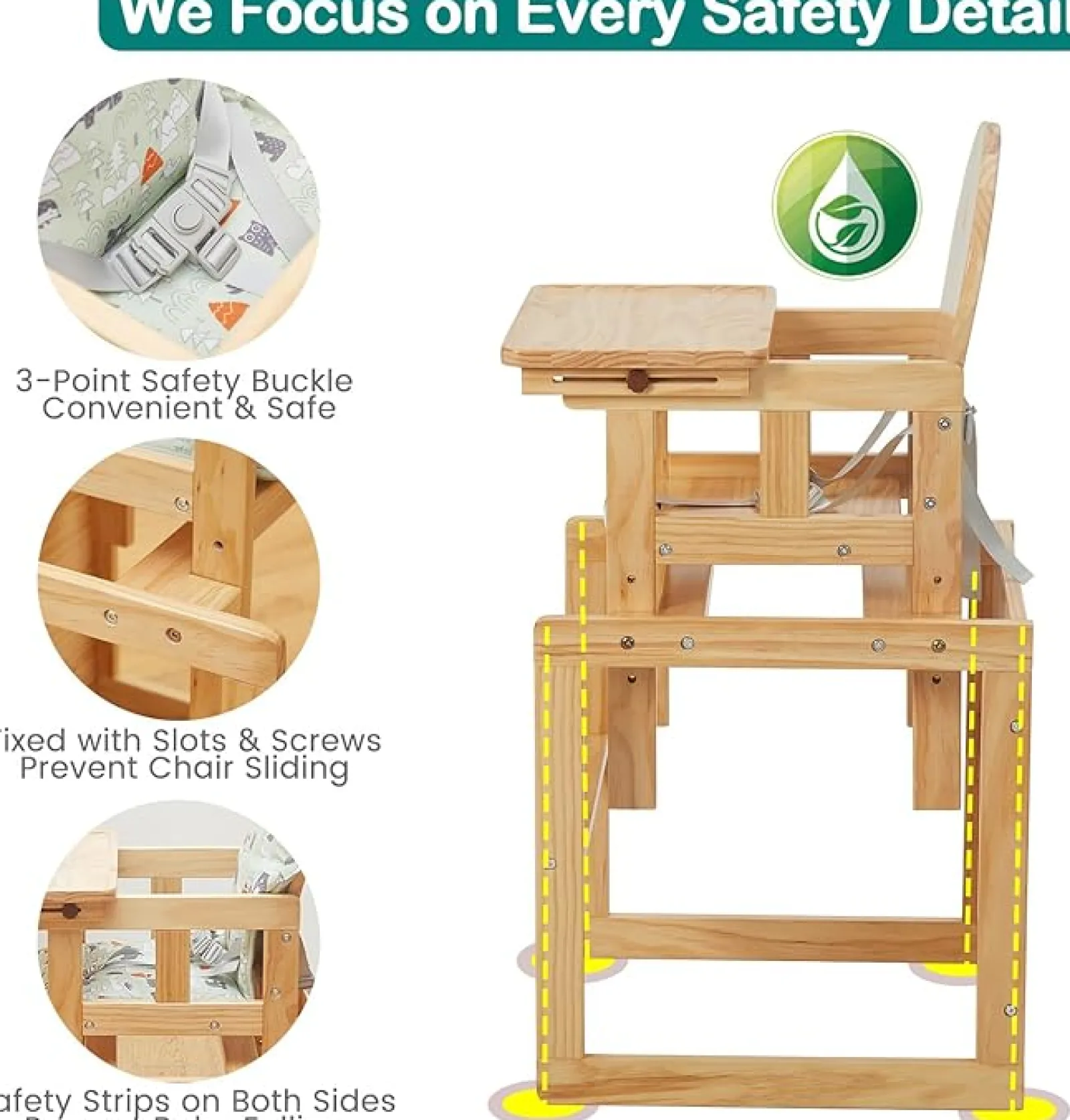 Little Helper 2-in-1 Deluxe Eco Wood Holz höhenverstellbarer Kombinations-Babyhochstuhl | Tisch- und Stuhlset | Natürlich | 6 Monate - 6 Jahre