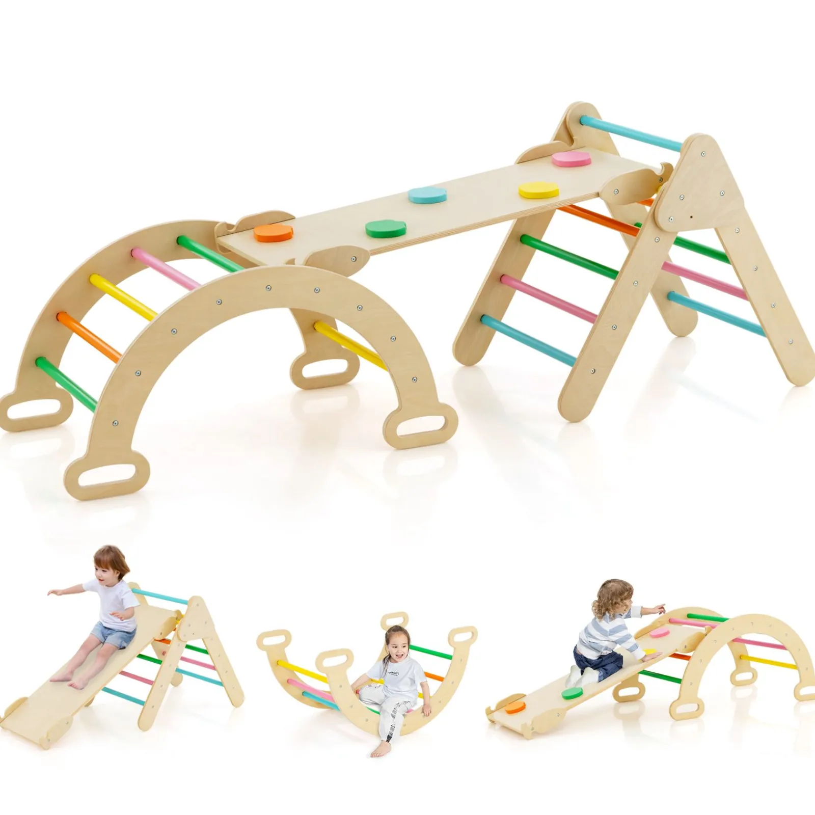 Kinder Little Helper 6-in-1 Eco Holz-Klettergerüst | Montessori Pikler Set | Bogen | Wippe | Rutsche | Kletterdreieck | Höhle