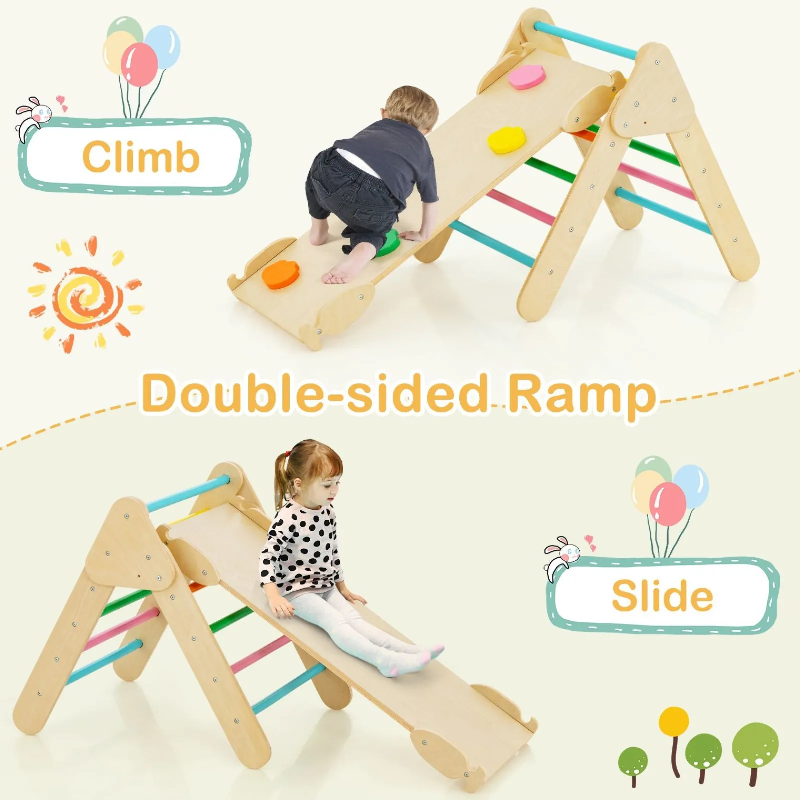 Kinder Little Helper 6-in-1 Eco Holz-Klettergerüst | Montessori Pikler Set | Bogen | Wippe | Rutsche | Kletterdreieck | Höhle