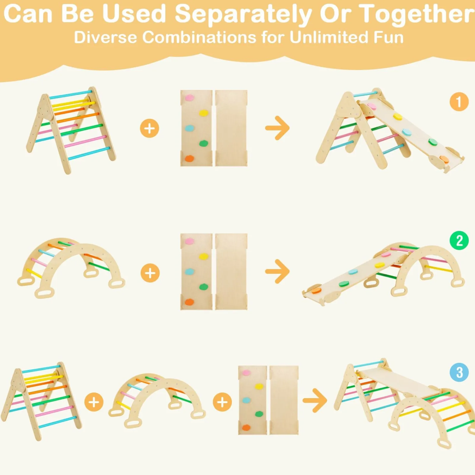 Kinder Little Helper 6-in-1 Eco Holz-Klettergerüst | Montessori Pikler Set | Bogen | Wippe | Rutsche | Kletterdreieck | Höhle