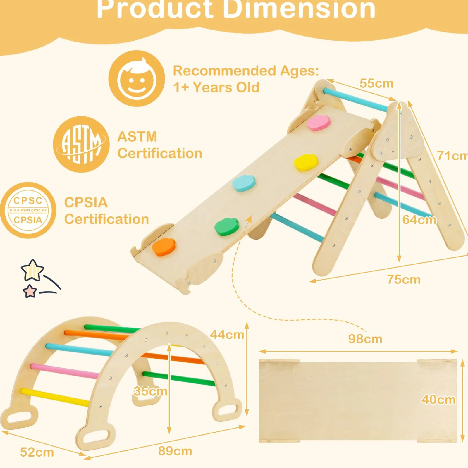 Kinder Little Helper 6-in-1 Eco Holz-Klettergerüst | Montessori Pikler Set | Bogen | Wippe | Rutsche | Kletterdreieck | Höhle