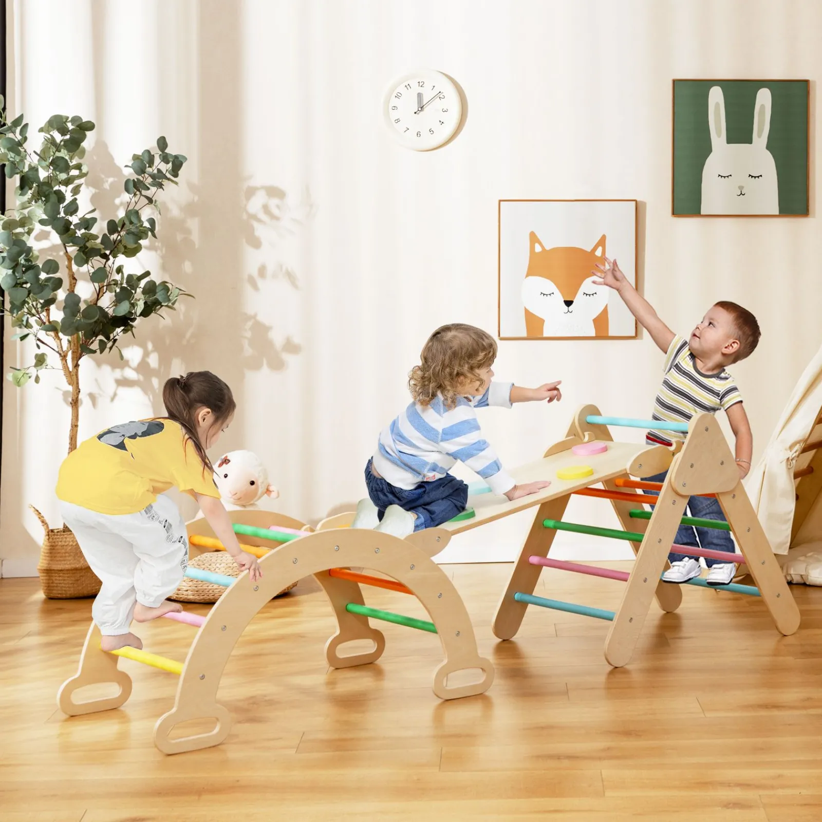 Kinder Little Helper 6-in-1 Eco Holz-Klettergerüst | Montessori Pikler Set | Bogen | Wippe | Rutsche | Kletterdreieck | Höhle
