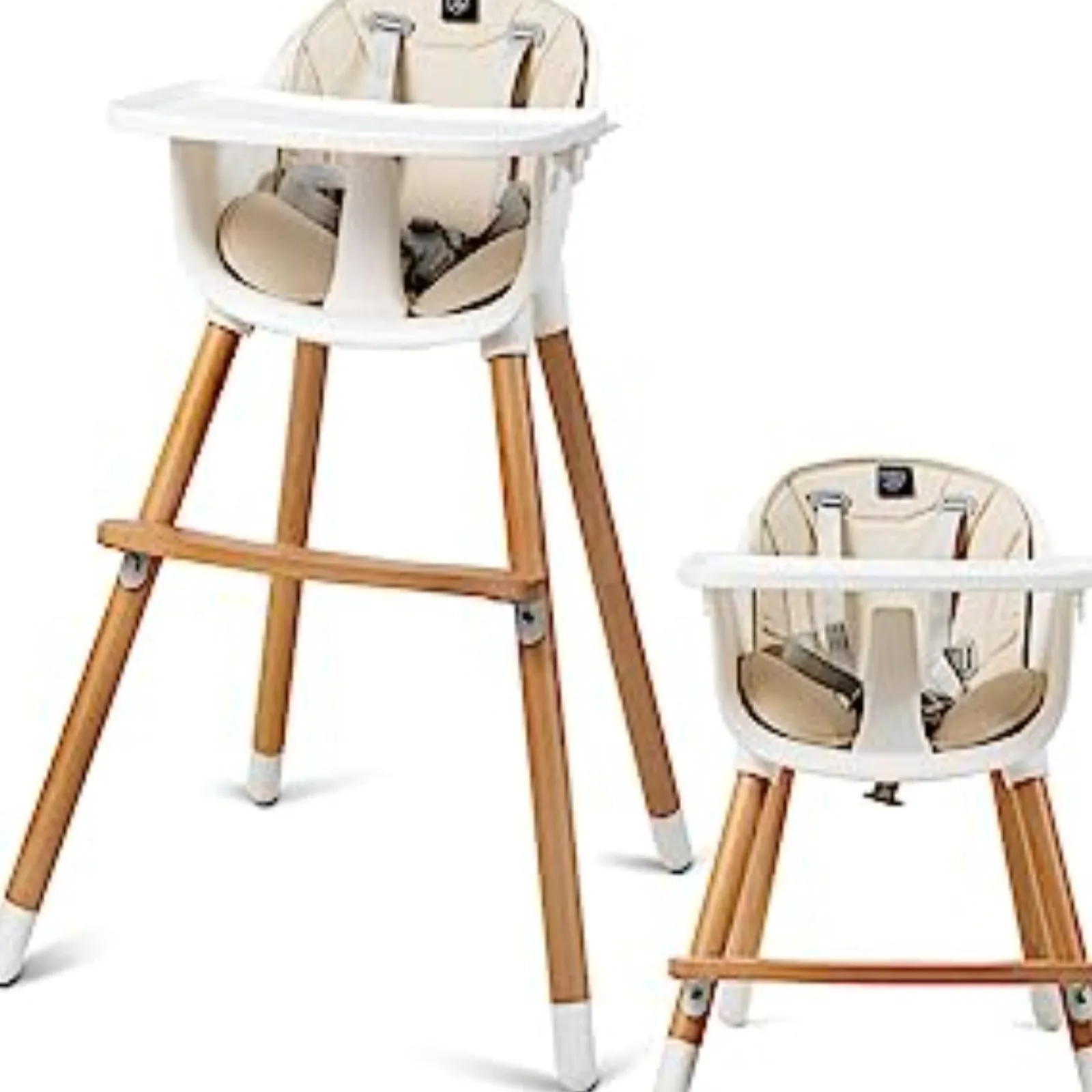 Little Helper 3-in-1 Höhenverstellbarer Hochstuhl und Tablett aus Buchenholz | Niedriger Stuhl | Beiges Kissen