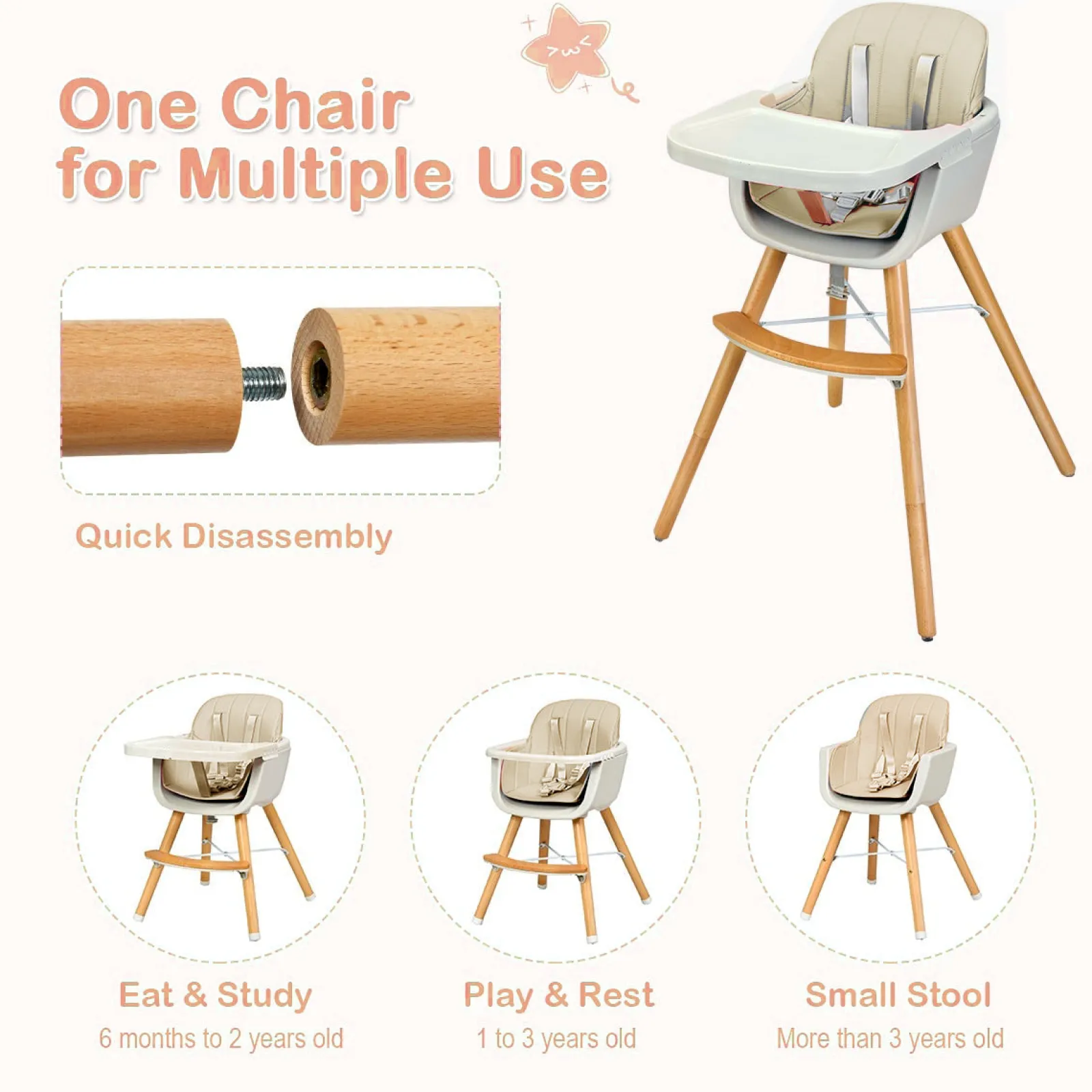 Little Helper 3-in-1 Höhenverstellbarer Hochstuhl und Tablett aus Buchenholz | Niedriger Stuhl | Beiges Kissen