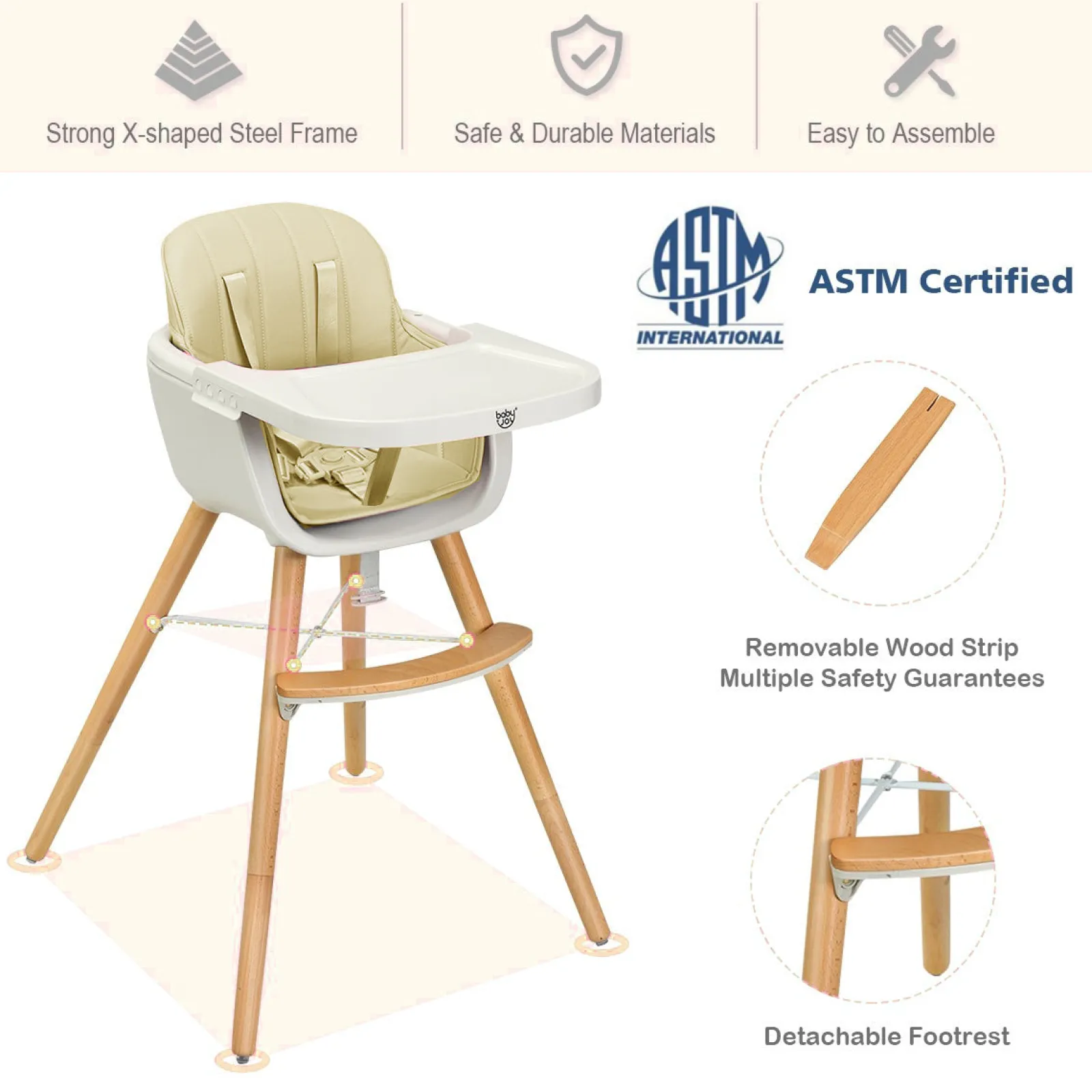 Little Helper 3-in-1 Höhenverstellbarer Hochstuhl und Tablett aus Buchenholz | Niedriger Stuhl | Beiges Kissen