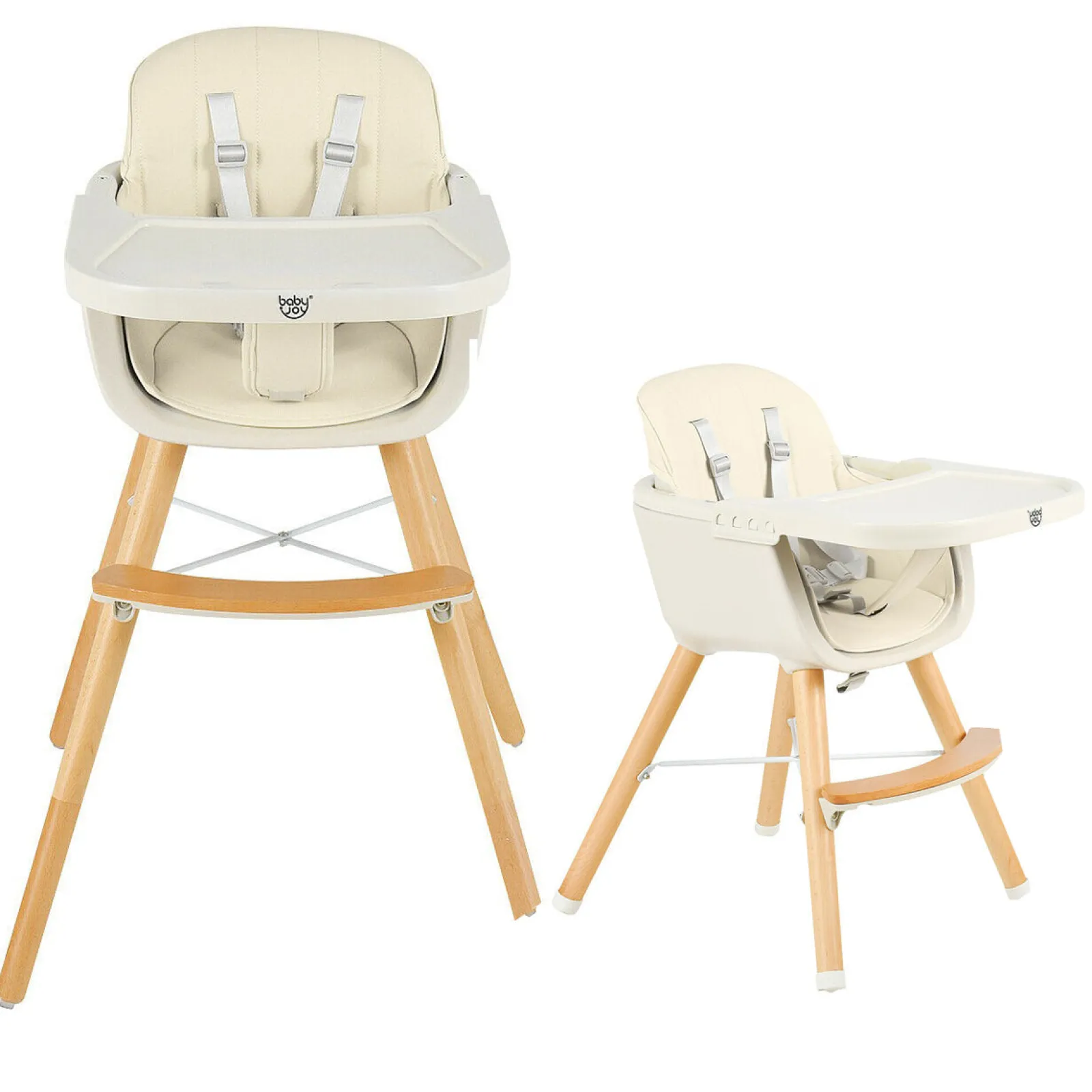 Little Helper 3-in-1 Höhenverstellbarer Hochstuhl und Tablett aus Buchenholz | Niedriger Stuhl | Cremefarbenes Kissen