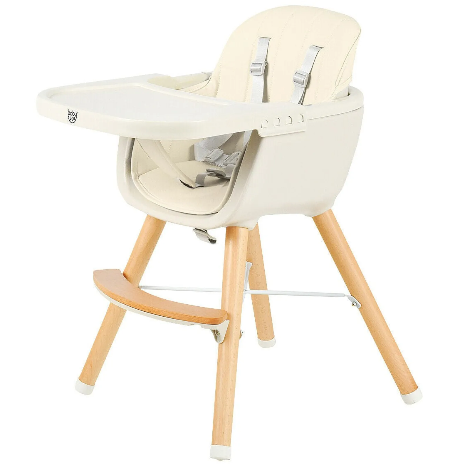 Little Helper 3-in-1 Höhenverstellbarer Hochstuhl und Tablett aus Buchenholz | Niedriger Stuhl | Cremefarbenes Kissen