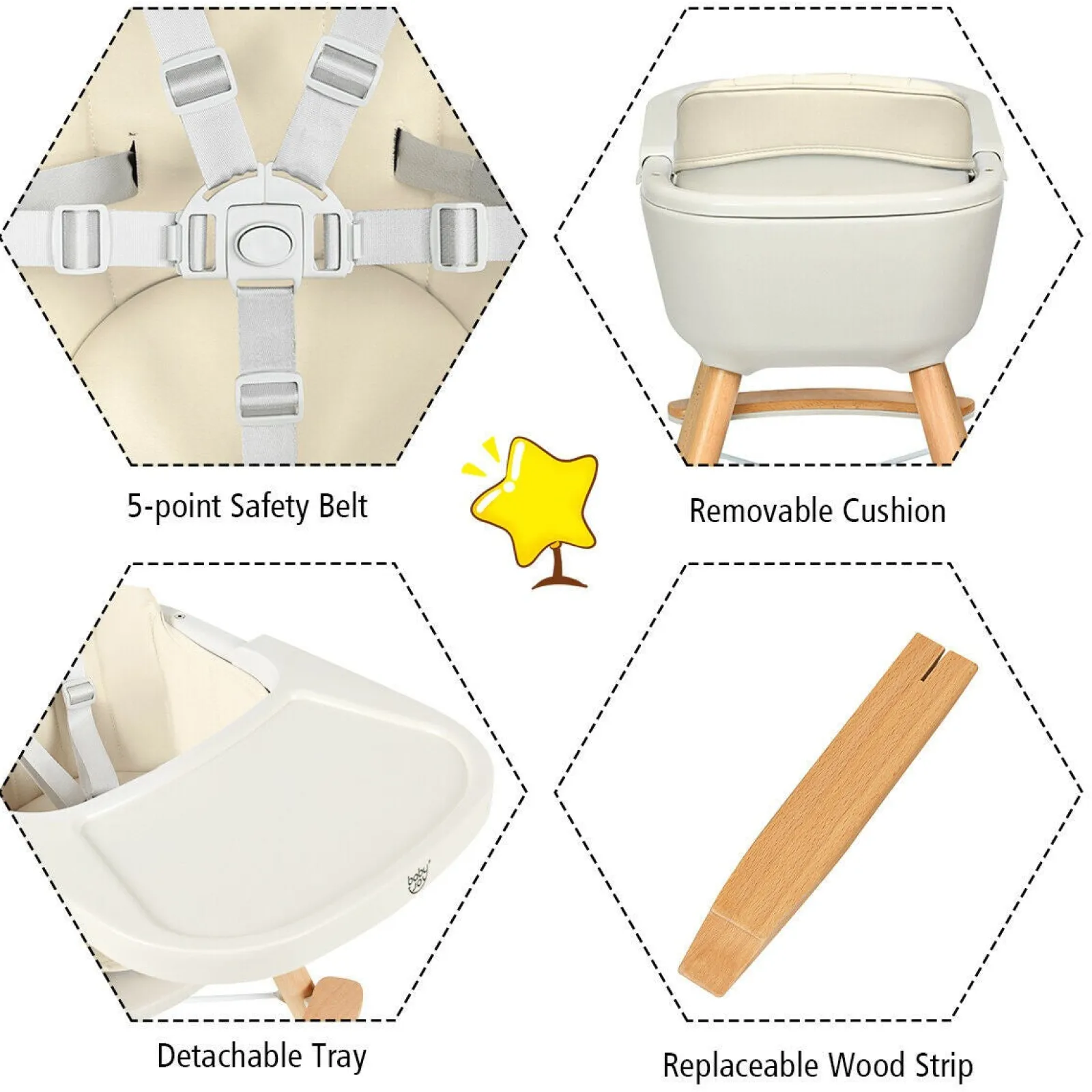 Little Helper 3-in-1 Höhenverstellbarer Hochstuhl und Tablett aus Buchenholz | Niedriger Stuhl | Cremefarbenes Kissen