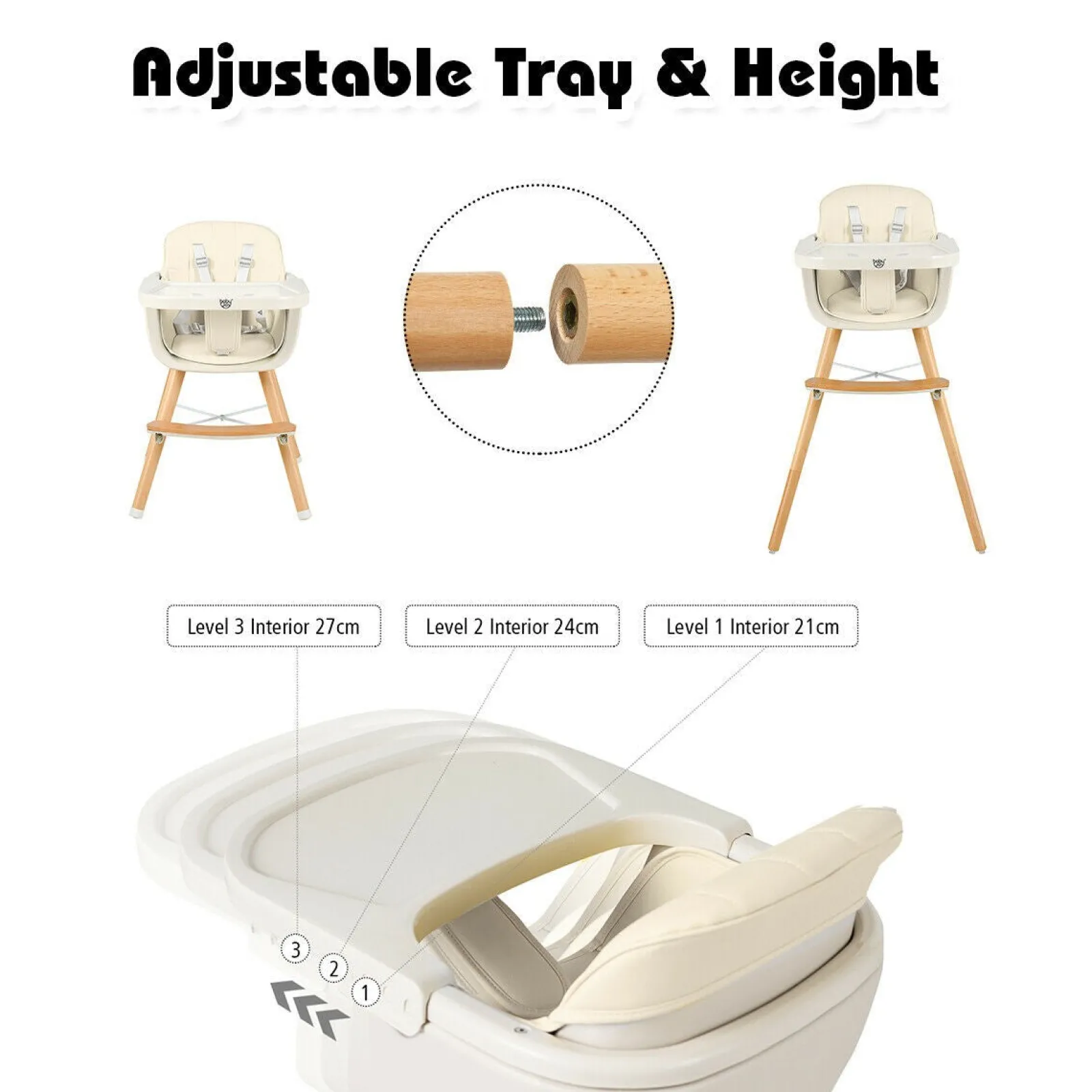 Little Helper 3-in-1 Höhenverstellbarer Hochstuhl und Tablett aus Buchenholz | Niedriger Stuhl | Cremefarbenes Kissen