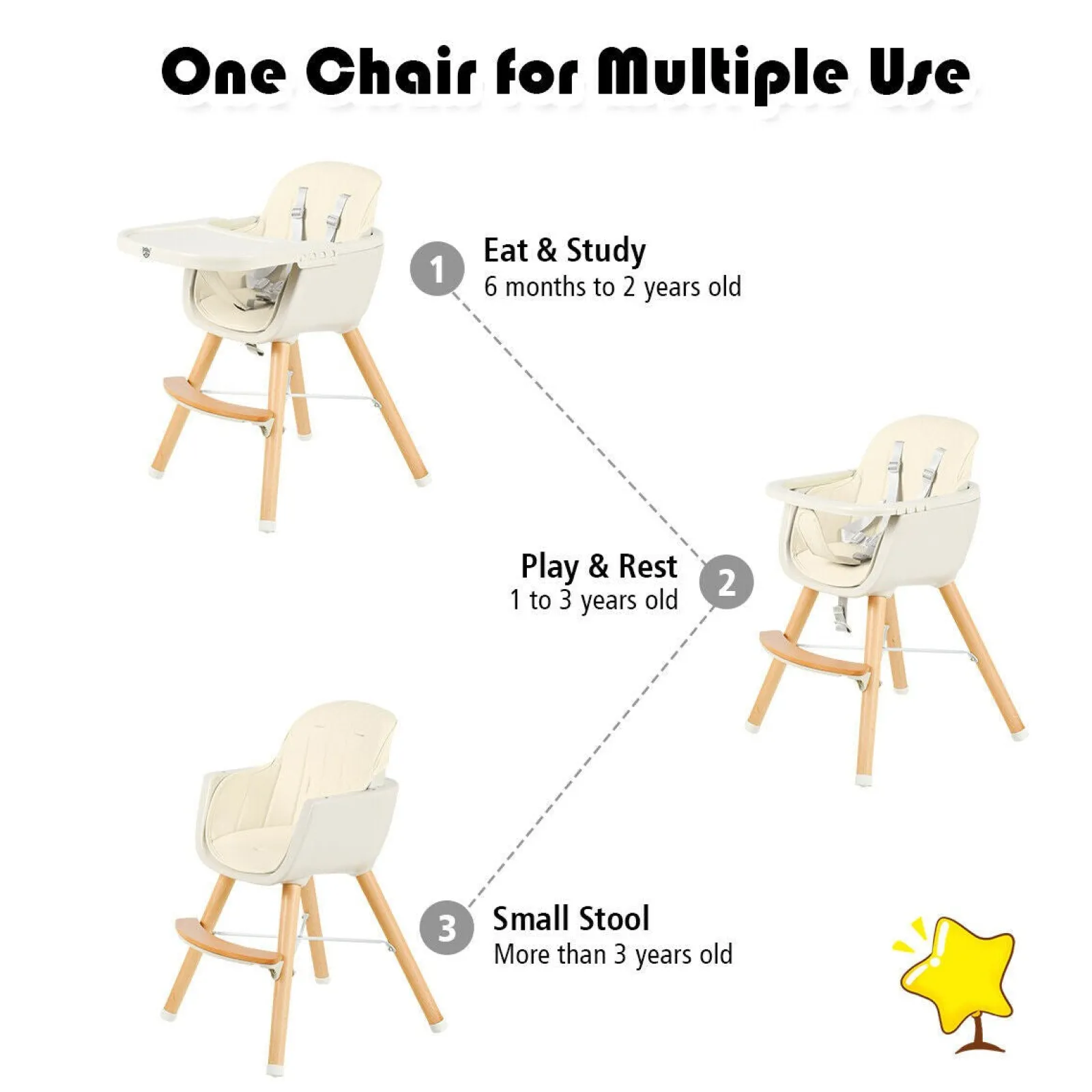 Little Helper 3-in-1 Höhenverstellbarer Hochstuhl und Tablett aus Buchenholz | Niedriger Stuhl | Cremefarbenes Kissen