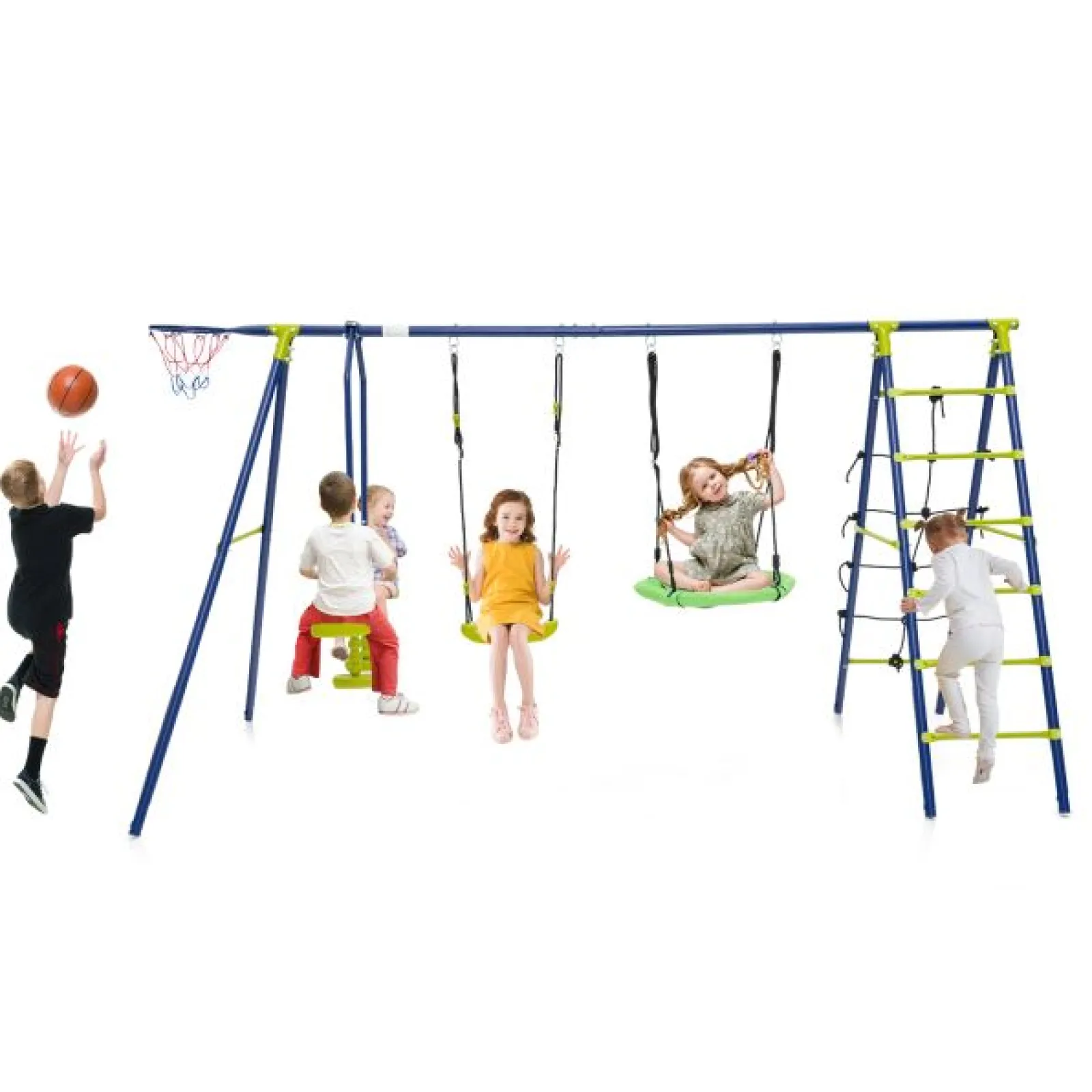 Little Helper 6-in-1 Hochleistungs-Pikler-Schaukelset mit Rostschutz | Kletterleiter | Wippe | Basketballkorb | Grün | 3–12 Jahre