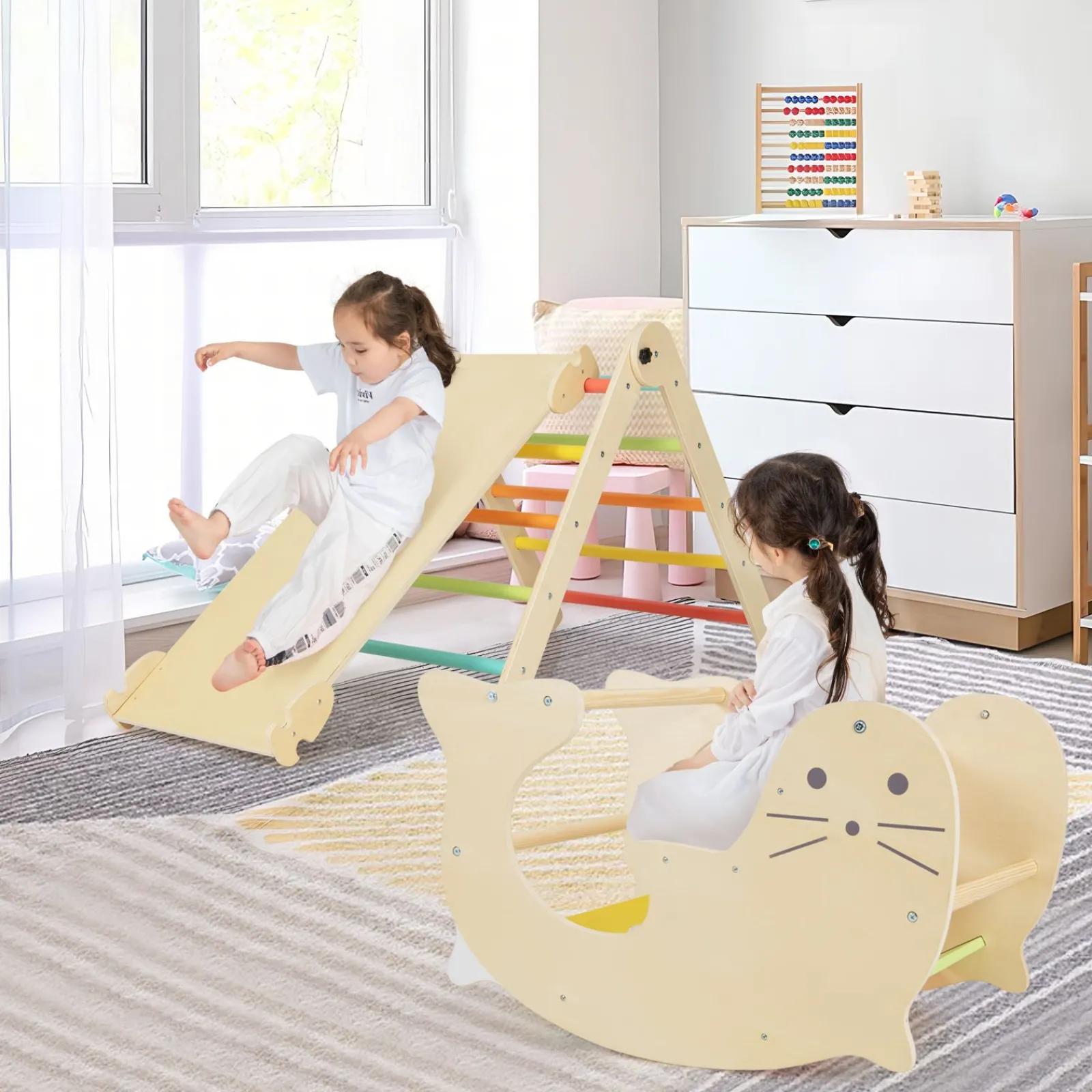 Kinder Little Helper 7-in-1 Indoor Öko Naturholz Klappbares Montessori Klettergerüst | Pikler Dreieck