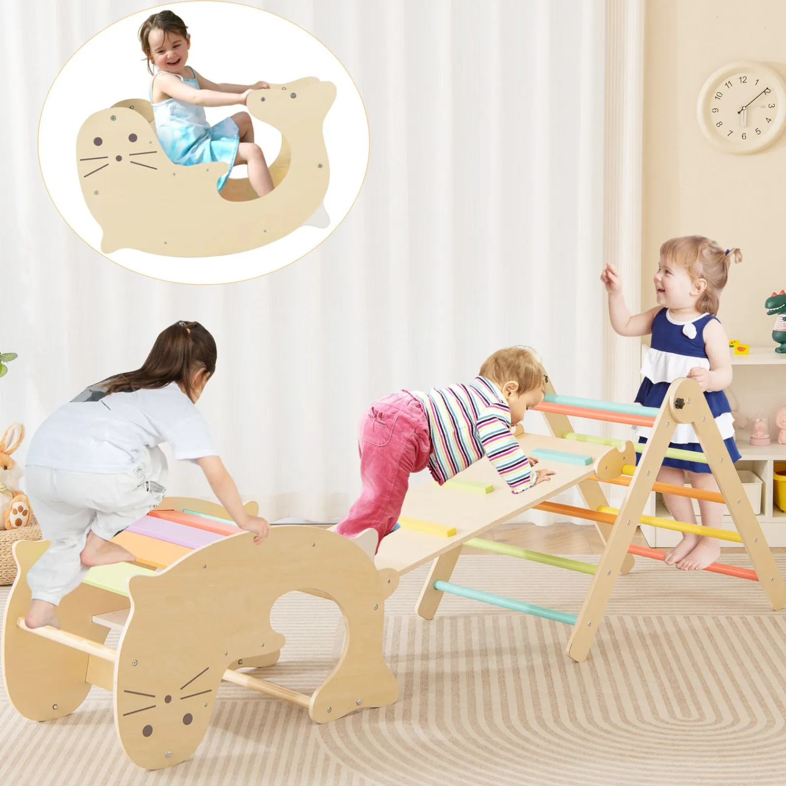 Kinder Little Helper 7-in-1 Indoor Öko Naturholz Klappbares Montessori Klettergerüst | Pikler Dreieck