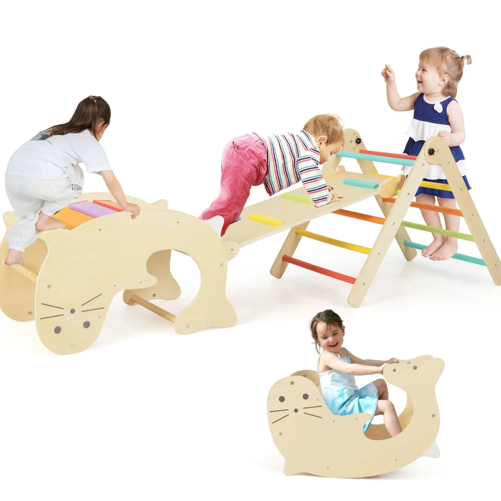 Kinder Little Helper 7-in-1 Indoor Öko Naturholz Klappbares Montessori Klettergerüst | Pikler Dreieck