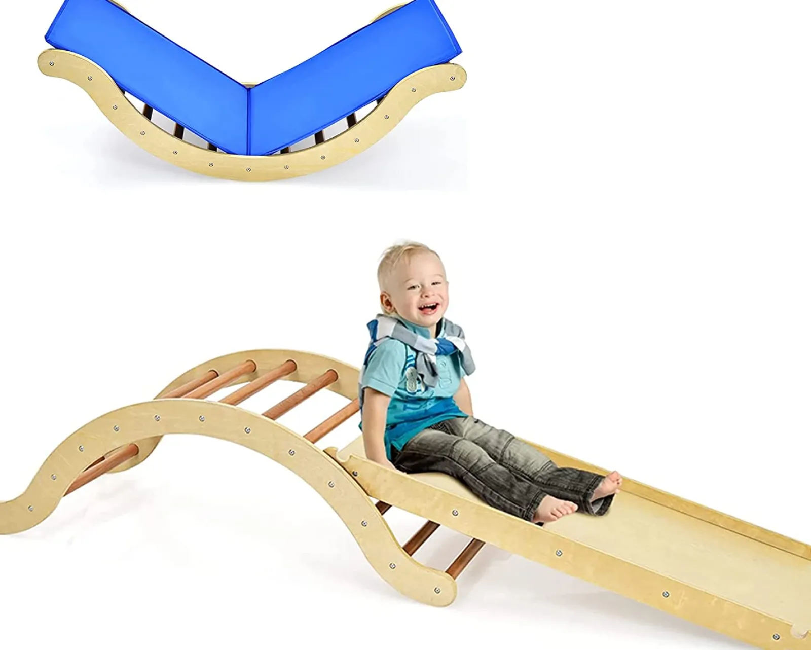 Kinder Little Helper 4-in-1 Kinder-Kletterbogen, Schaukelstuhl, Rutsche und Kletterer aus Öko-Holz Pikler | Naturholz