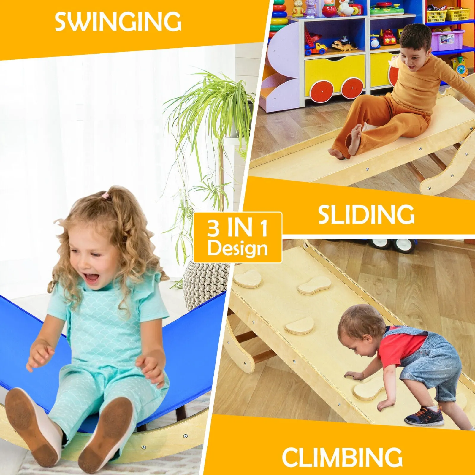 Kinder Little Helper 4-in-1 Kinder-Kletterbogen, Schaukelstuhl, Rutsche und Kletterer aus Öko-Holz Pikler | Naturholz