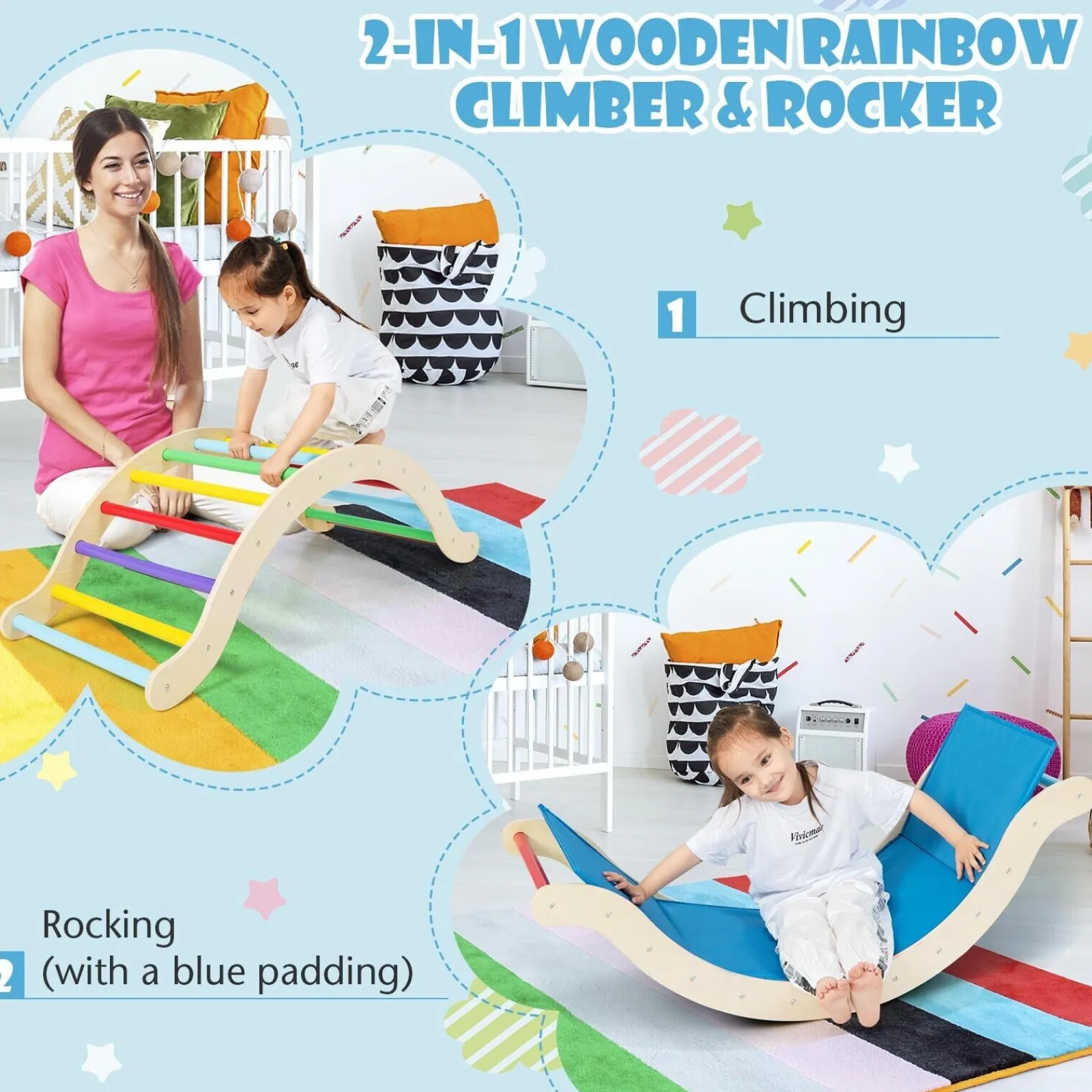 Kinder Little Helper 4-in-1 Klettergerüst aus Ökoholz für Kinder | Montessori Pikler Kletterbogen, Rutsche und Wippe