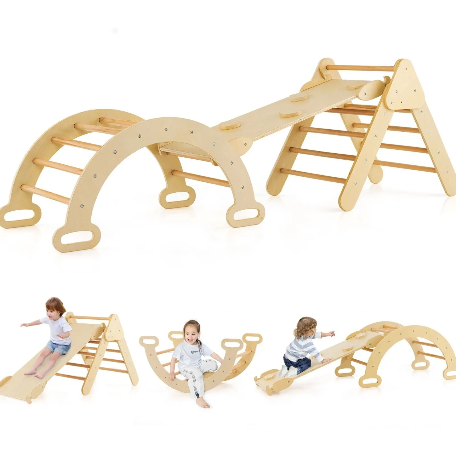 Kinder Little Helper 6-in-1 Klettergerüst aus Ökoholz für Kinder | Montessori-Pikler-Set | Bogen | Wippe | Rutsche | Kletterdreieck | Höhle