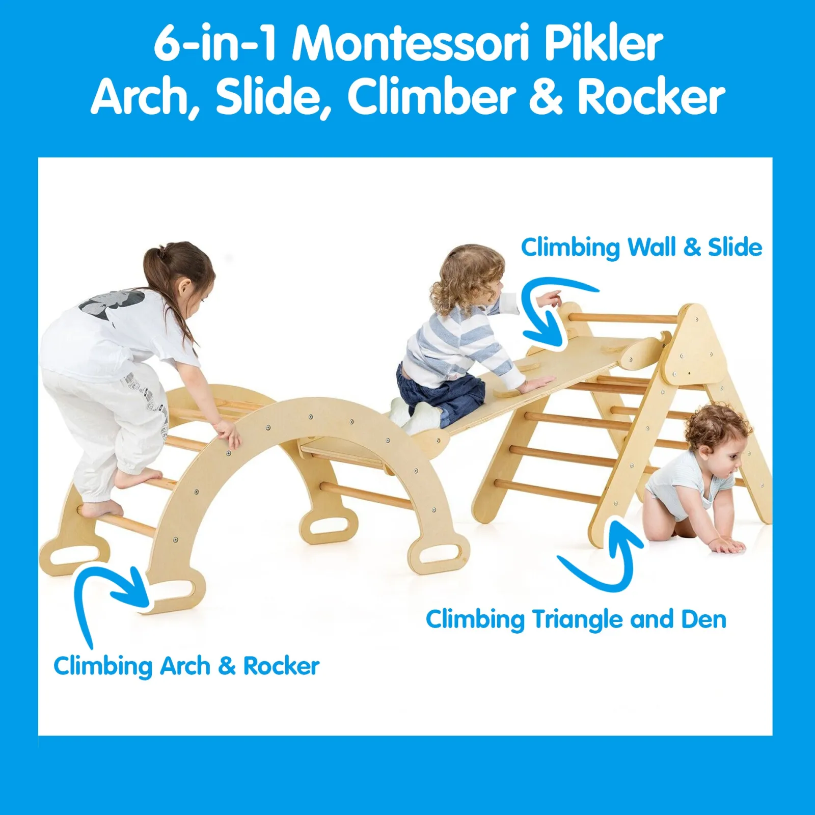 Kinder Little Helper 6-in-1 Klettergerüst aus Ökoholz für Kinder | Montessori-Pikler-Set | Bogen | Wippe | Rutsche | Kletterdreieck | Höhle