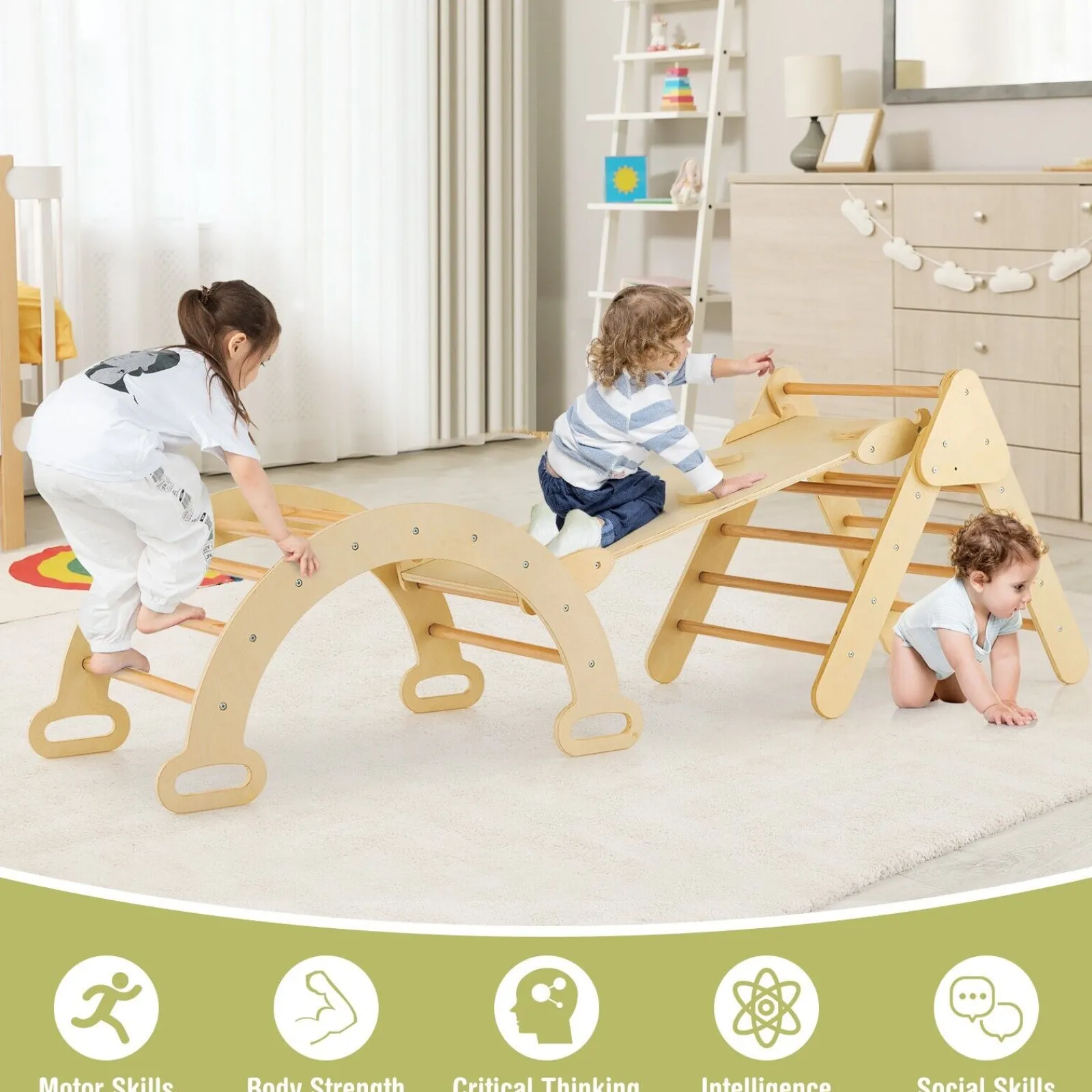 Kinder Little Helper 6-in-1 Klettergerüst aus Ökoholz für Kinder | Montessori-Pikler-Set | Bogen | Wippe | Rutsche | Kletterdreieck | Höhle