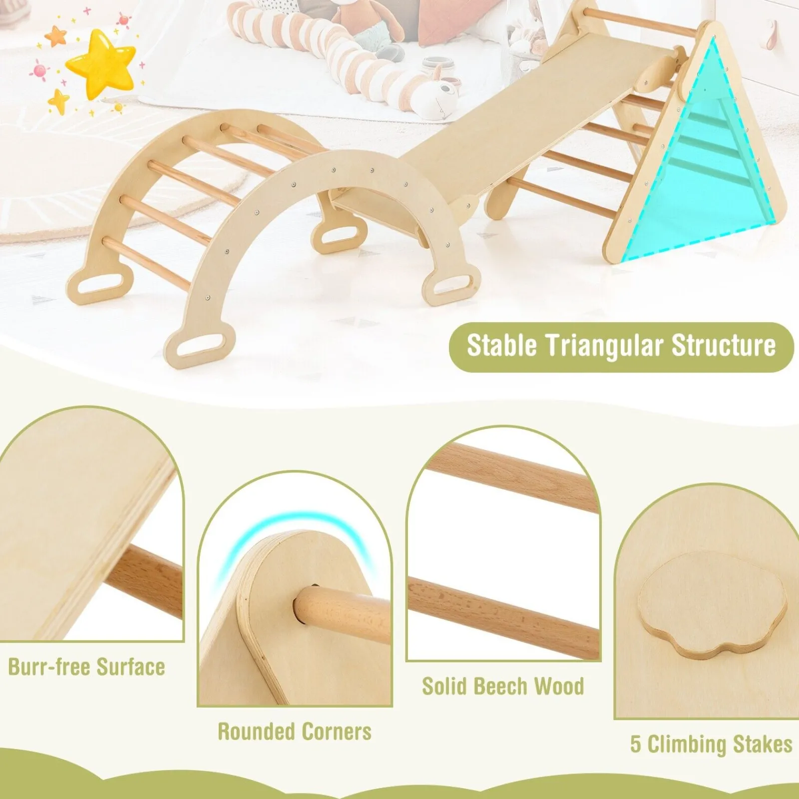 Kinder Little Helper 6-in-1 Klettergerüst aus Ökoholz für Kinder | Montessori-Pikler-Set | Bogen | Wippe | Rutsche | Kletterdreieck | Höhle
