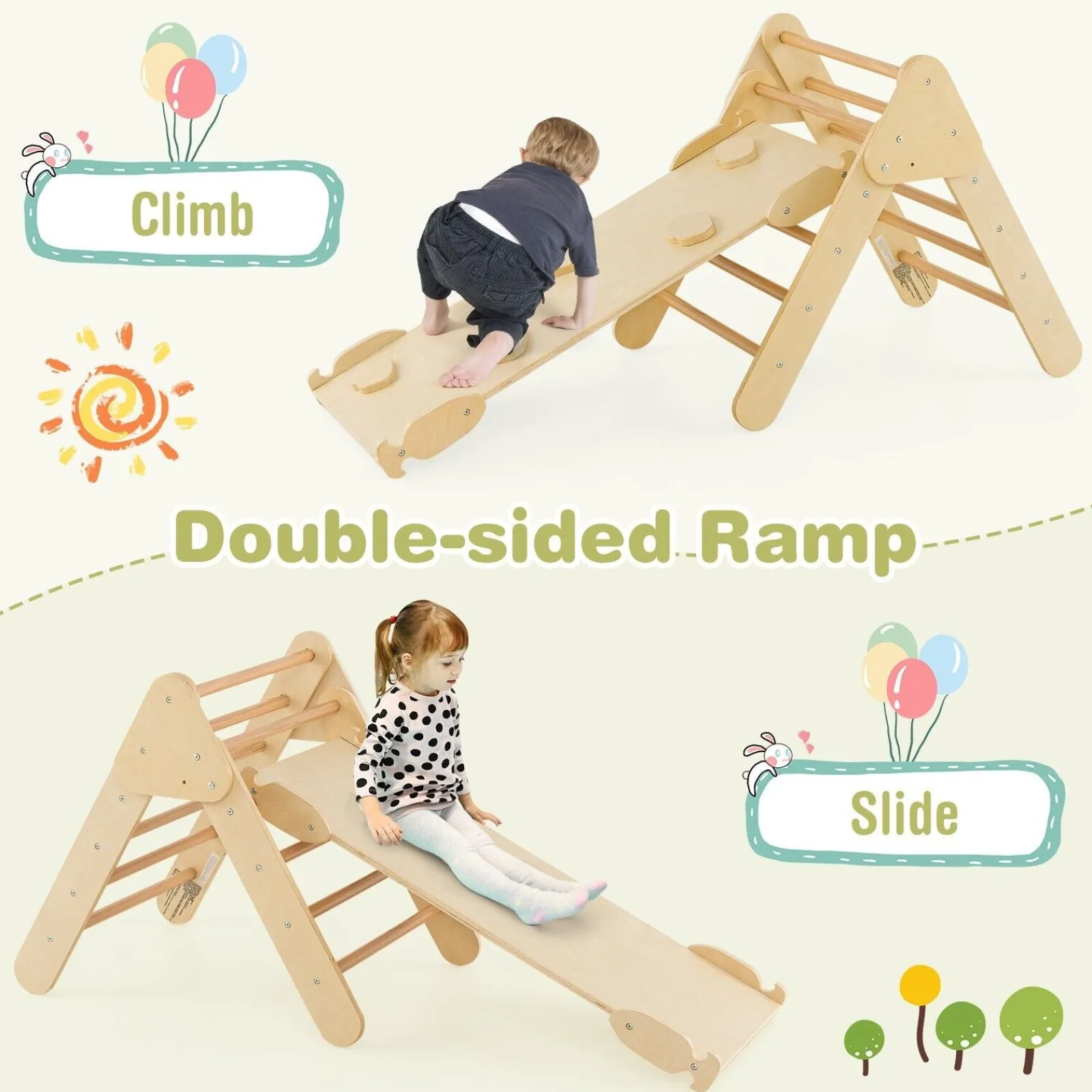 Kinder Little Helper 6-in-1 Klettergerüst aus Ökoholz für Kinder | Montessori-Pikler-Set | Bogen | Wippe | Rutsche | Kletterdreieck | Höhle