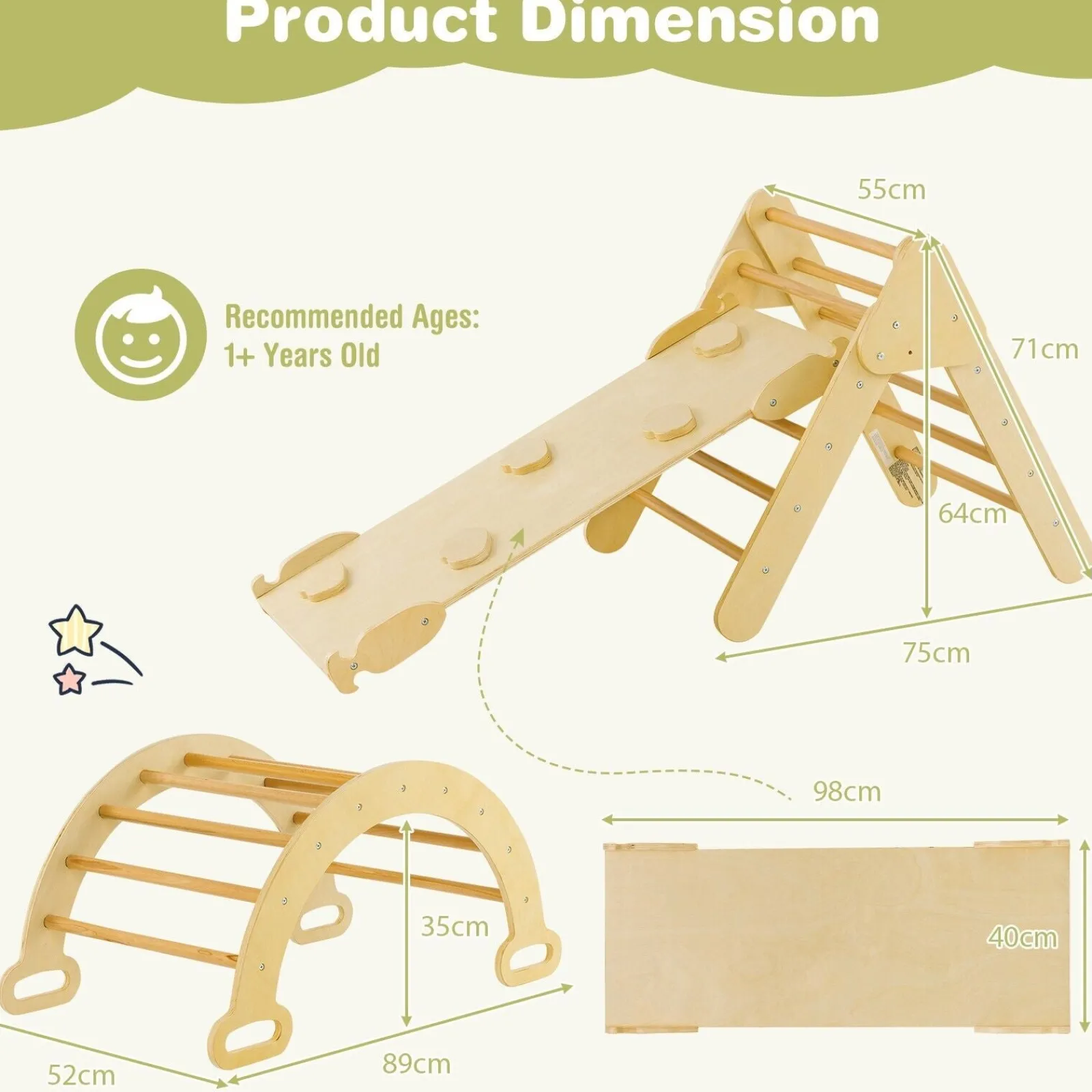 Kinder Little Helper 6-in-1 Klettergerüst aus Ökoholz für Kinder | Montessori-Pikler-Set | Bogen | Wippe | Rutsche | Kletterdreieck | Höhle