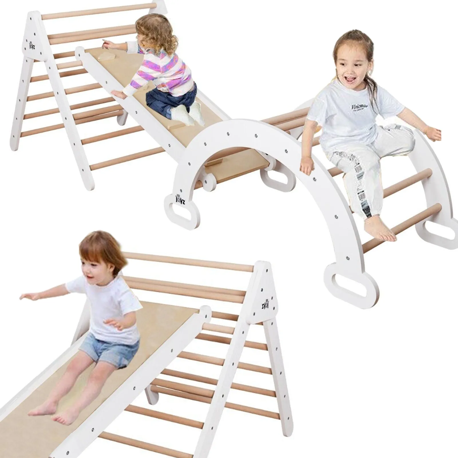Kinder Little Helper 6-in-1 Klettergerüst aus Ökoholz für Kinder | Montessori-Pikler-Set | Bogen | Wippe | Rutsche | Kletterdreieck | Höhle | Weiß/Natur
