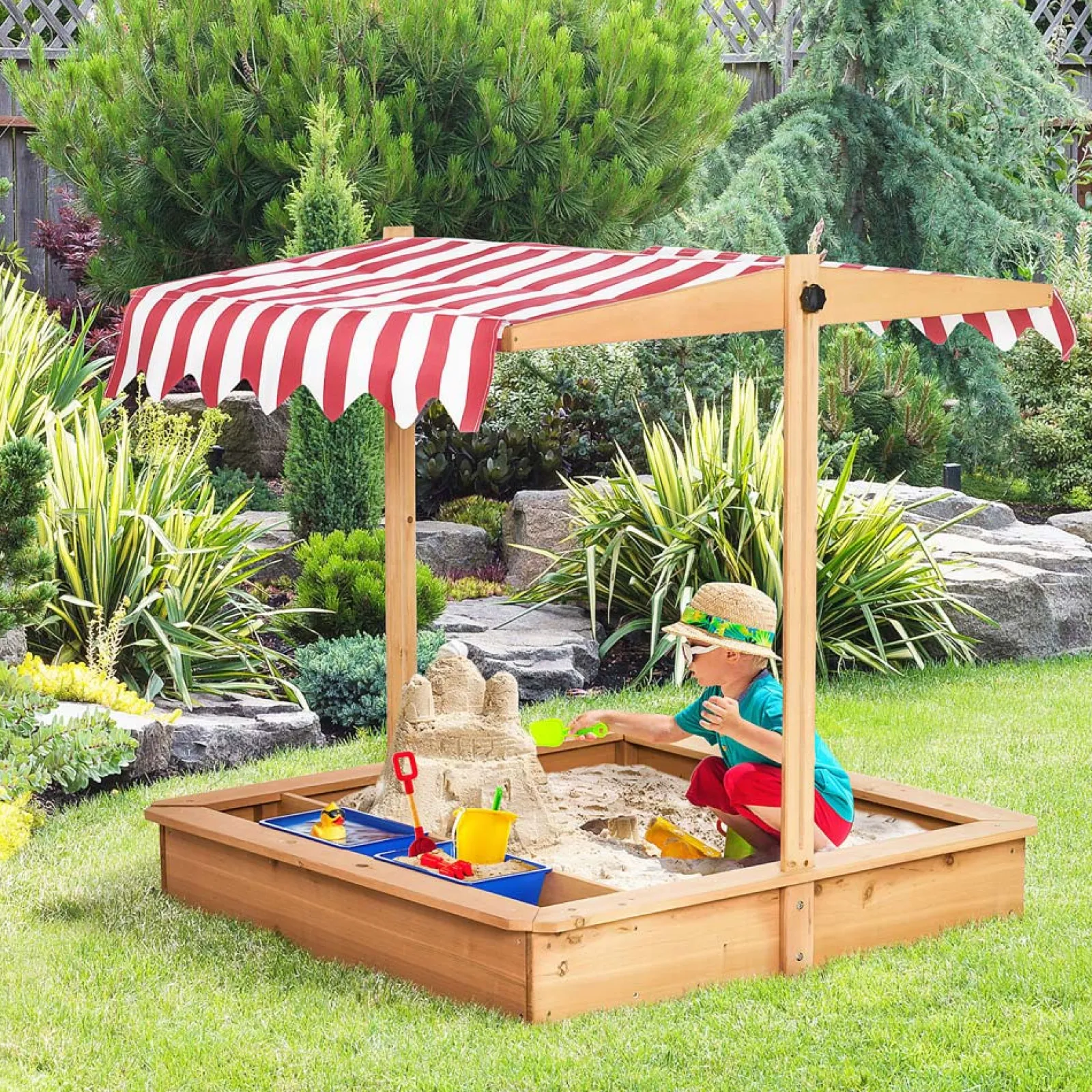 Little Helper 2-in-1 Montessori Eco Sandkasten aus natürlichem Tannenholz | Wasserspiel | Sonnendach und Abdeckung | 3-7 Jahre