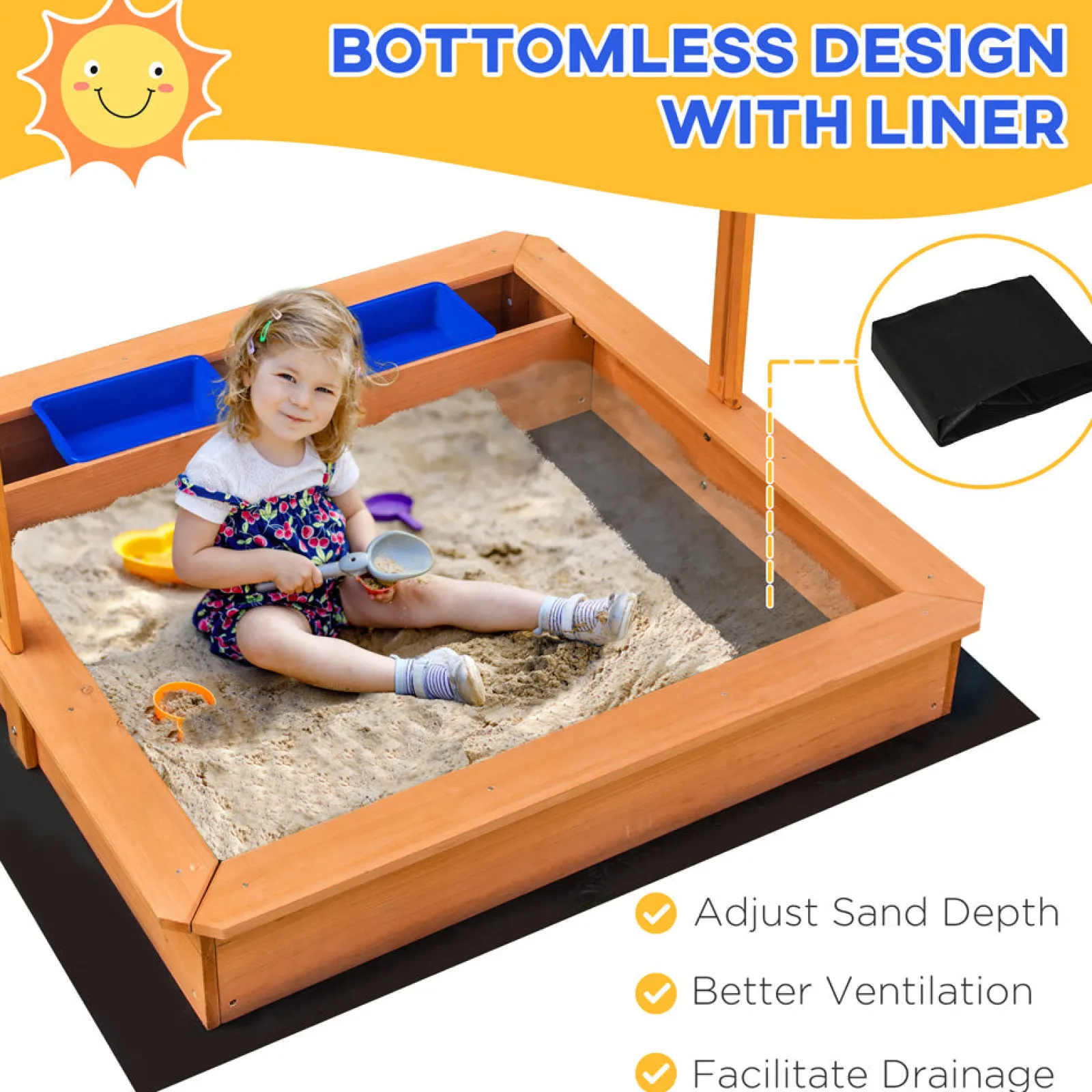 Little Helper 2-in-1 Montessori Eco Sandkasten aus natürlichem Tannenholz | Wasserspiel | Sonnendach und Abdeckung | 3-7 Jahre