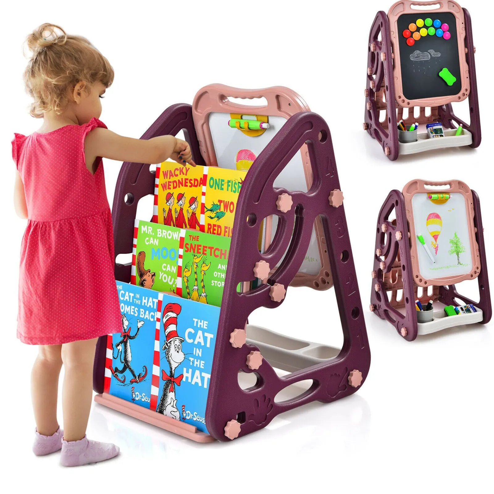 Kinder Little Helper 3-in-1 Montessori Höhenverstellbare Kinderstaffelei, magnetische Whiteboard-Tafel und Bücherregal | 26 Zubehörteile