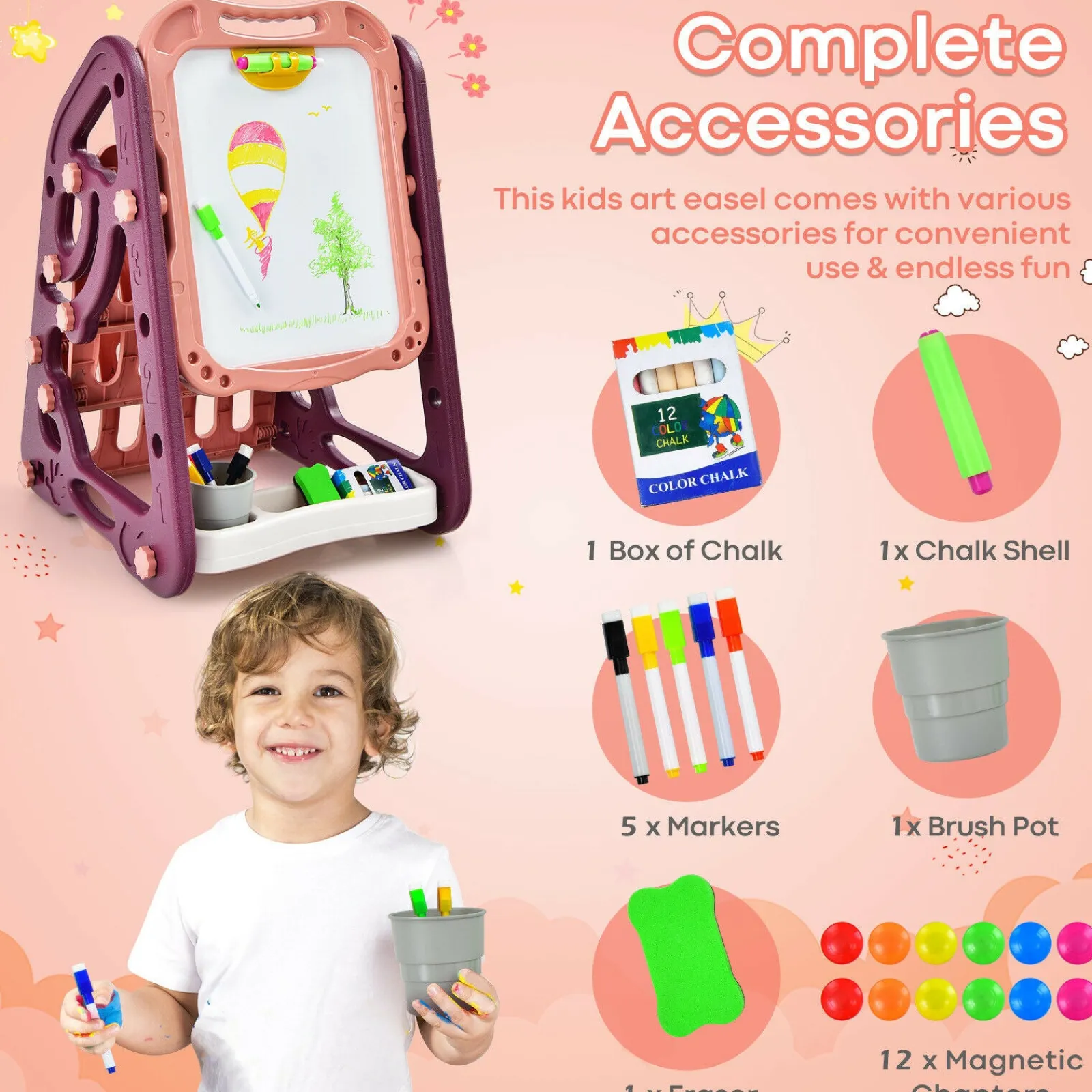 Kinder Little Helper 3-in-1 Montessori Höhenverstellbare Kinderstaffelei, magnetische Whiteboard-Tafel und Bücherregal | 26 Zubehörteile