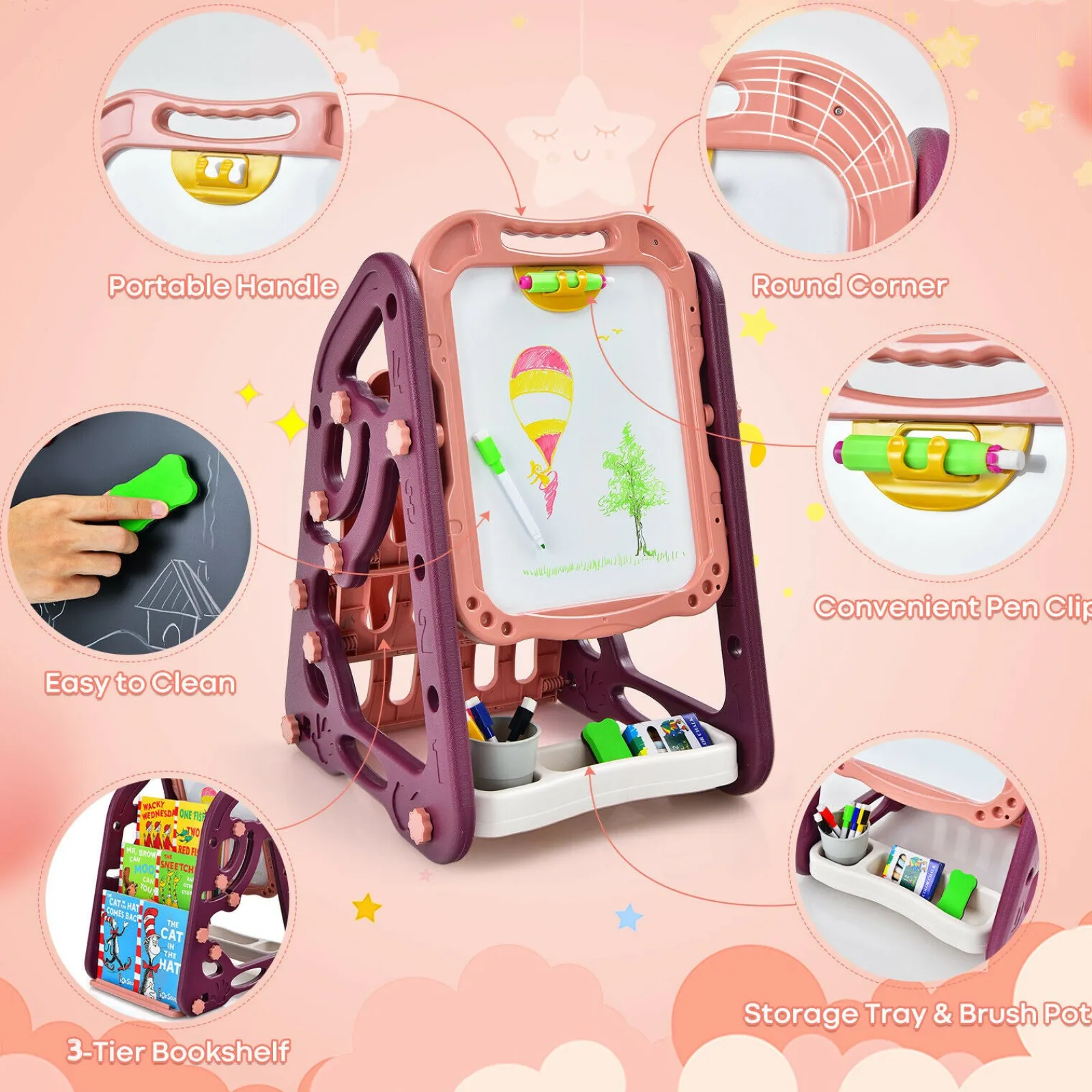 Kinder Little Helper 3-in-1 Montessori Höhenverstellbare Kinderstaffelei, magnetische Whiteboard-Tafel und Bücherregal | 26 Zubehörteile