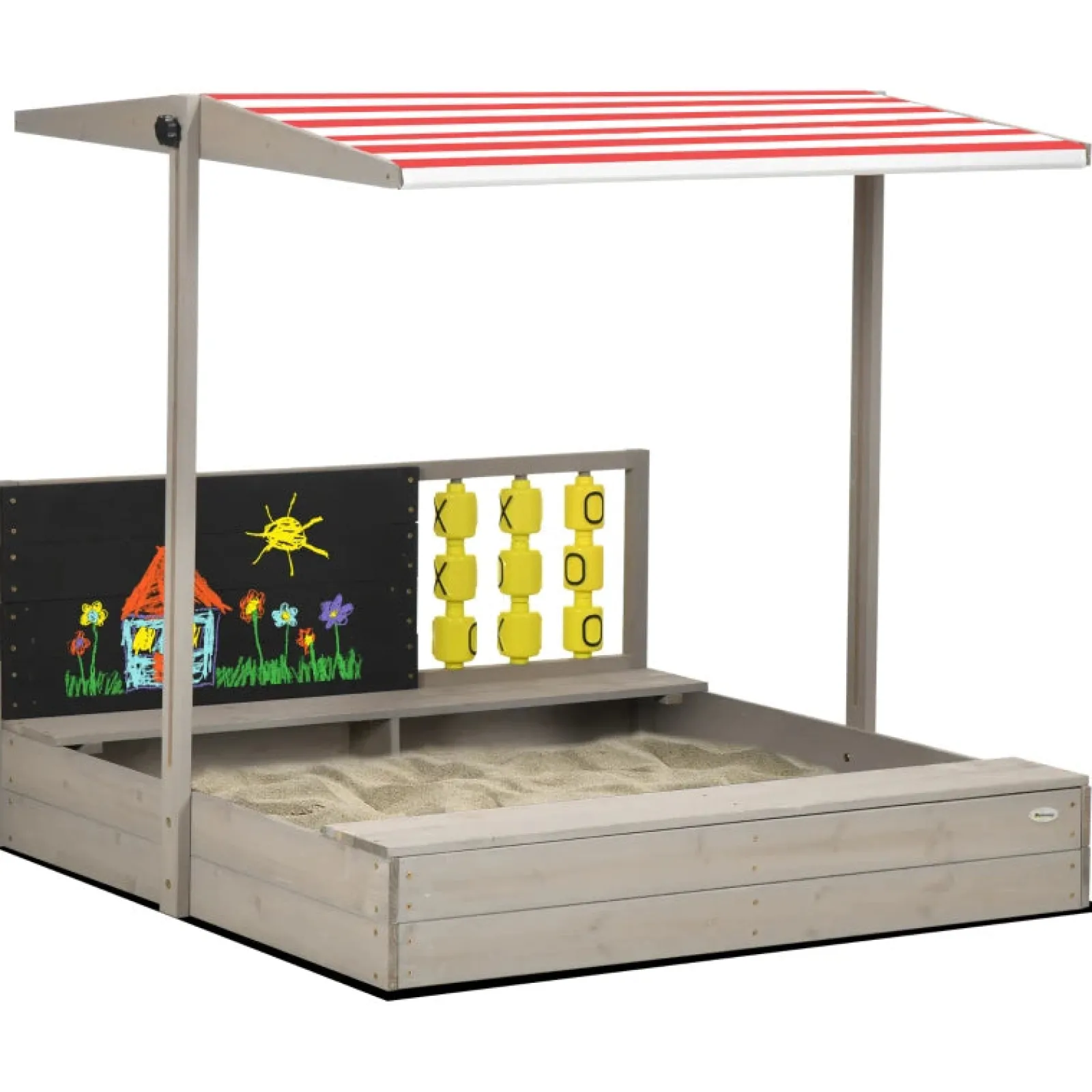 Little Helper 3-in-1 Montessori Öko Sandkasten aus natürlichem Tannenholz | Tafel | Spiel mit Sonnendach & Abdeckung | 3-8 Jahre