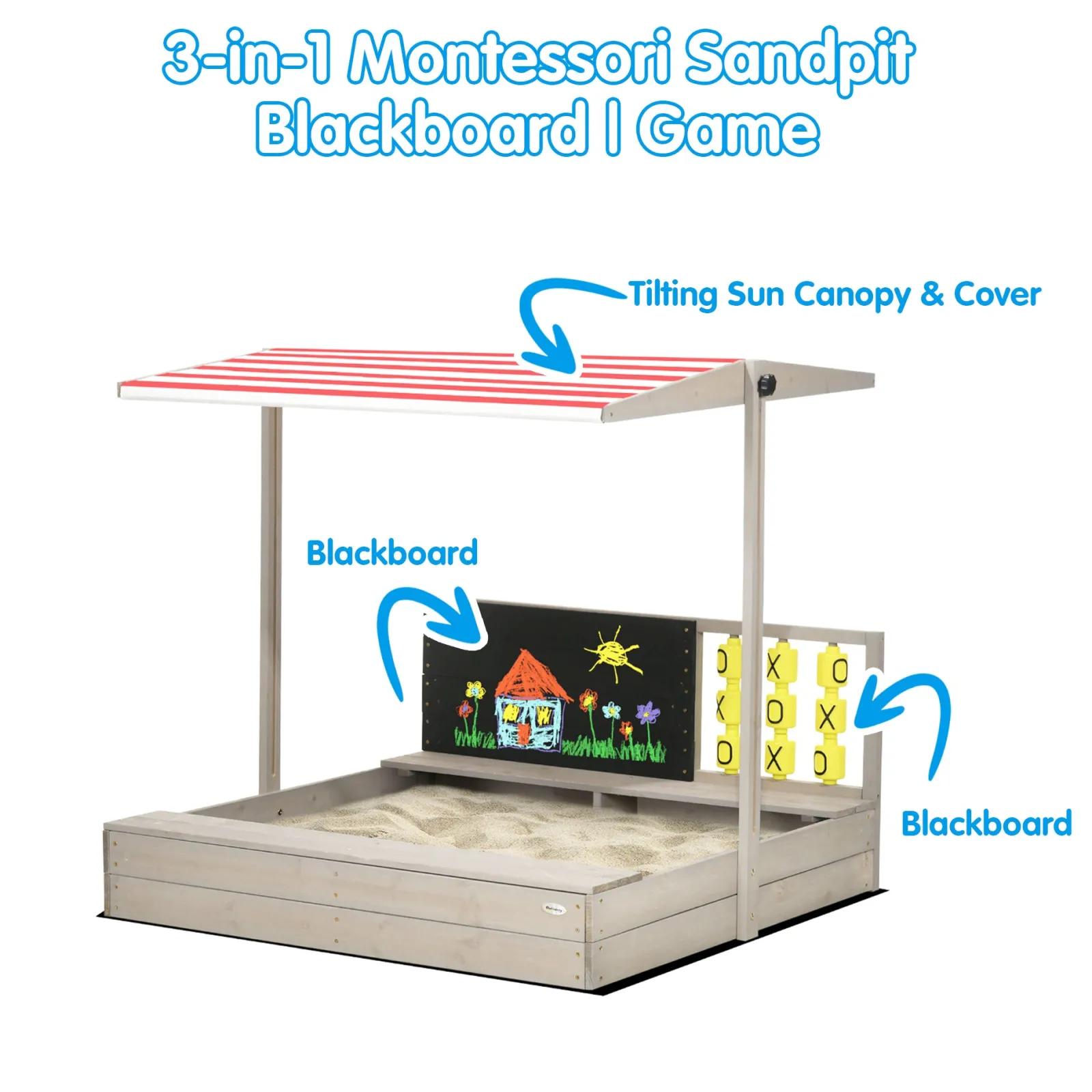 Little Helper 3-in-1 Montessori Öko Sandkasten aus natürlichem Tannenholz | Tafel | Spiel mit Sonnendach & Abdeckung | 3-8 Jahre