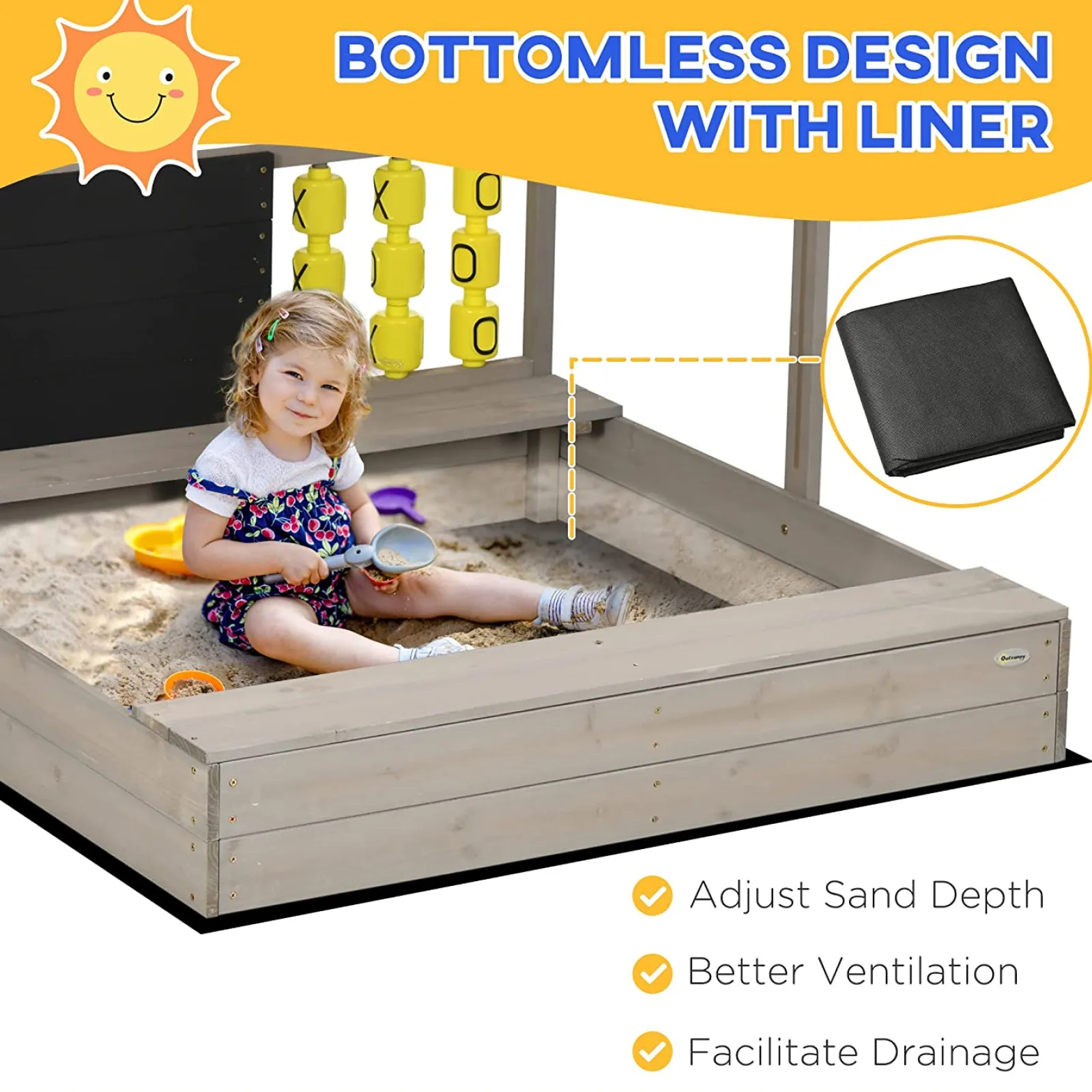 Little Helper 3-in-1 Montessori Öko Sandkasten aus natürlichem Tannenholz | Tafel | Spiel mit Sonnendach & Abdeckung | 3-8 Jahre