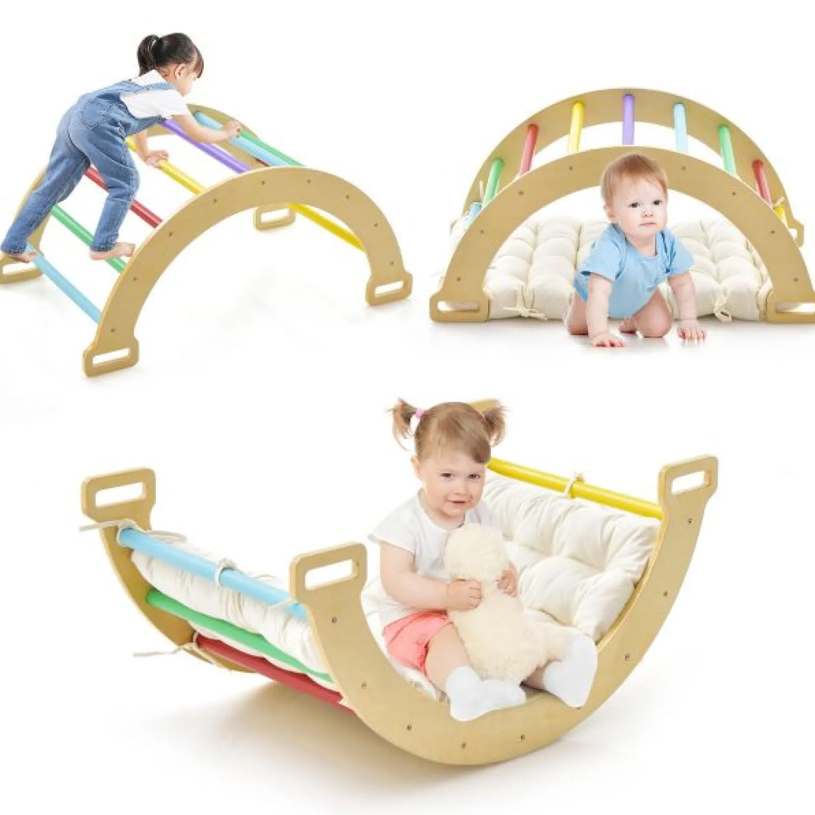 Kinder Little Helper 5-in-1 Montessori Öko-Holz Pikler Klettergerüst | Wippe mit Kissen | Höhle | Schaufenster